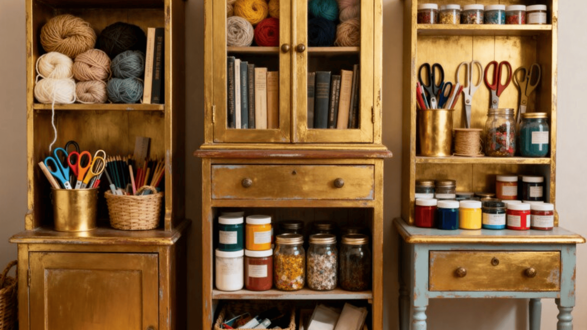 golden cabinets filled with yarn, scissors, books, jars of colorful craft supplies, and a small blue drawer unit with more materials, in a well-organized craft space