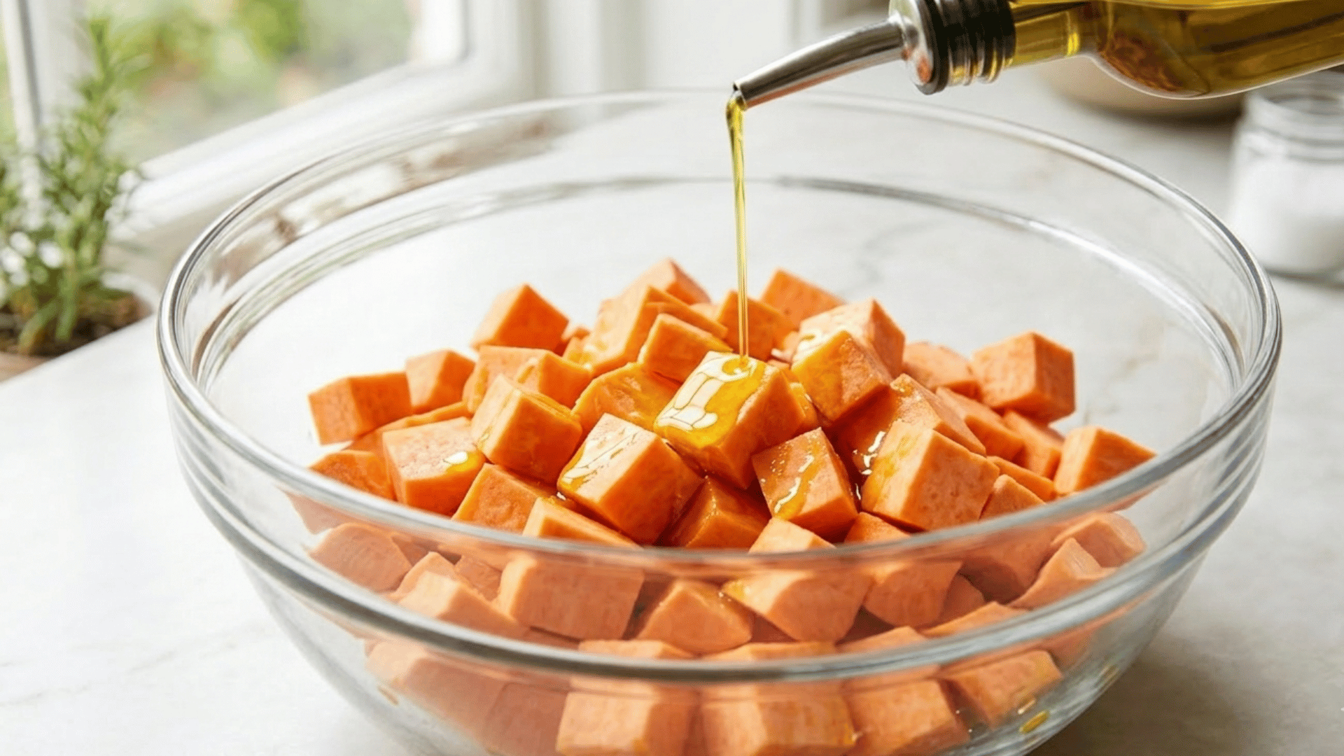 golden olive oil drizzling over raw sweet potato cubes in a glass bowl, close-up shot.