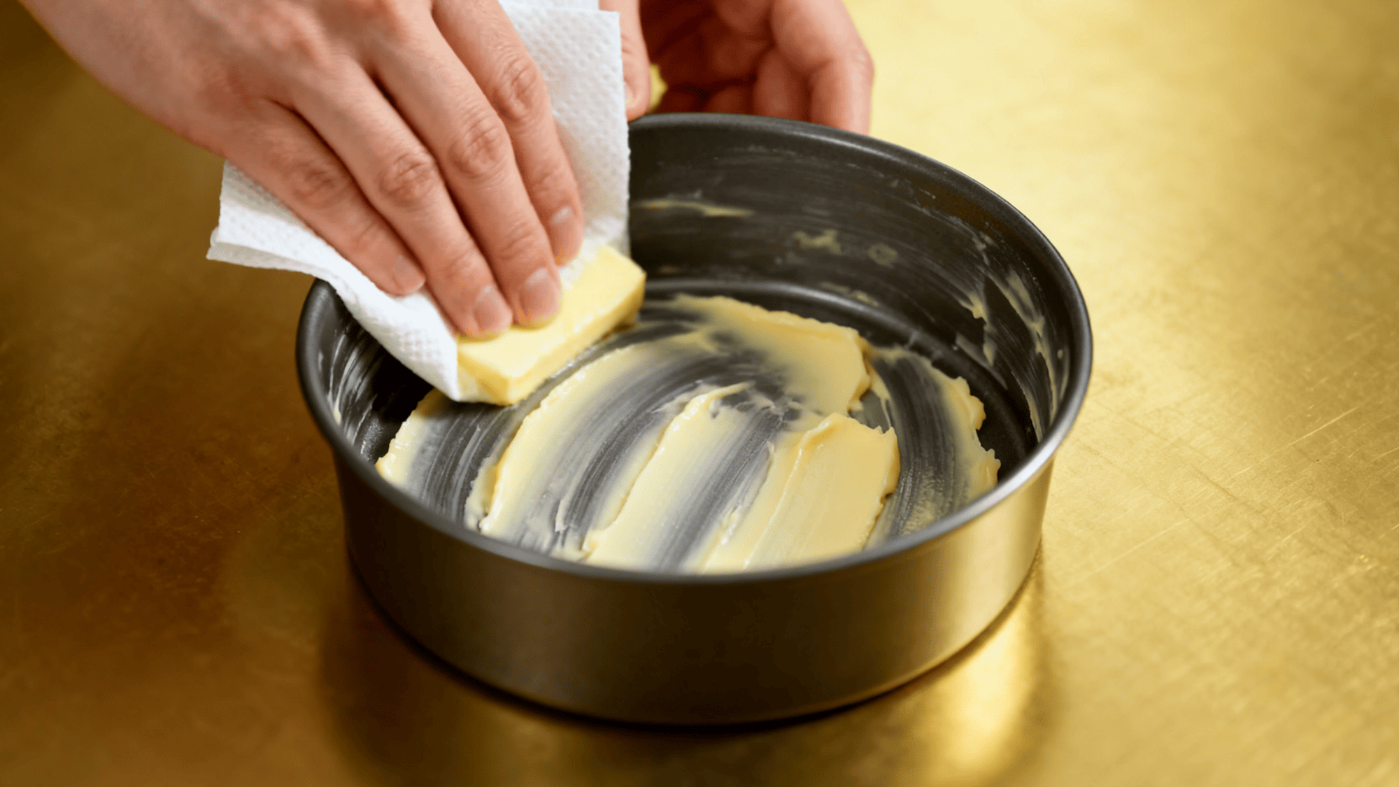 grease a small round cake pan with butter or cooking spr