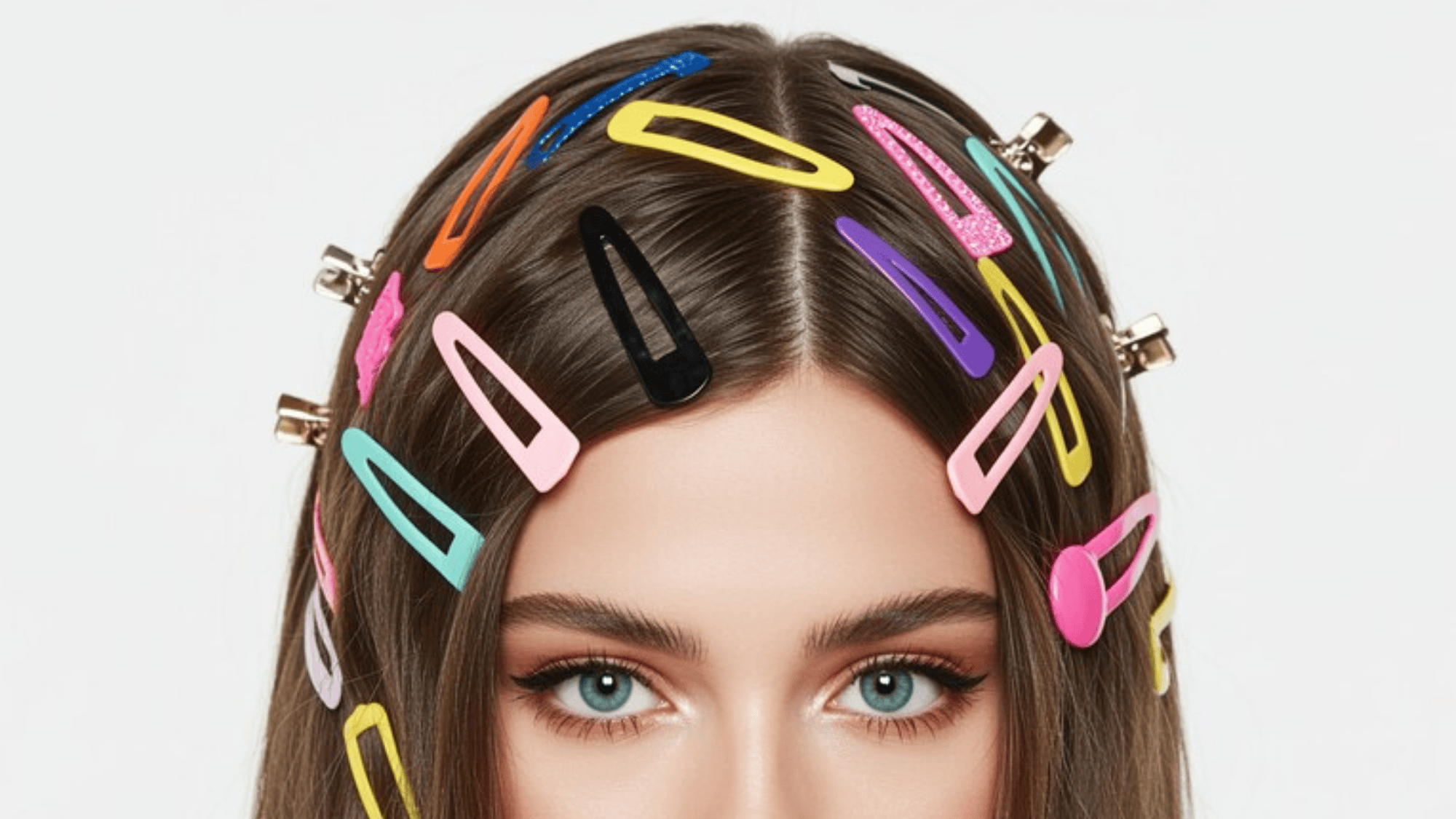 hair styled with colorful hair clips in various shapes and shades, adding a playful touch to the look