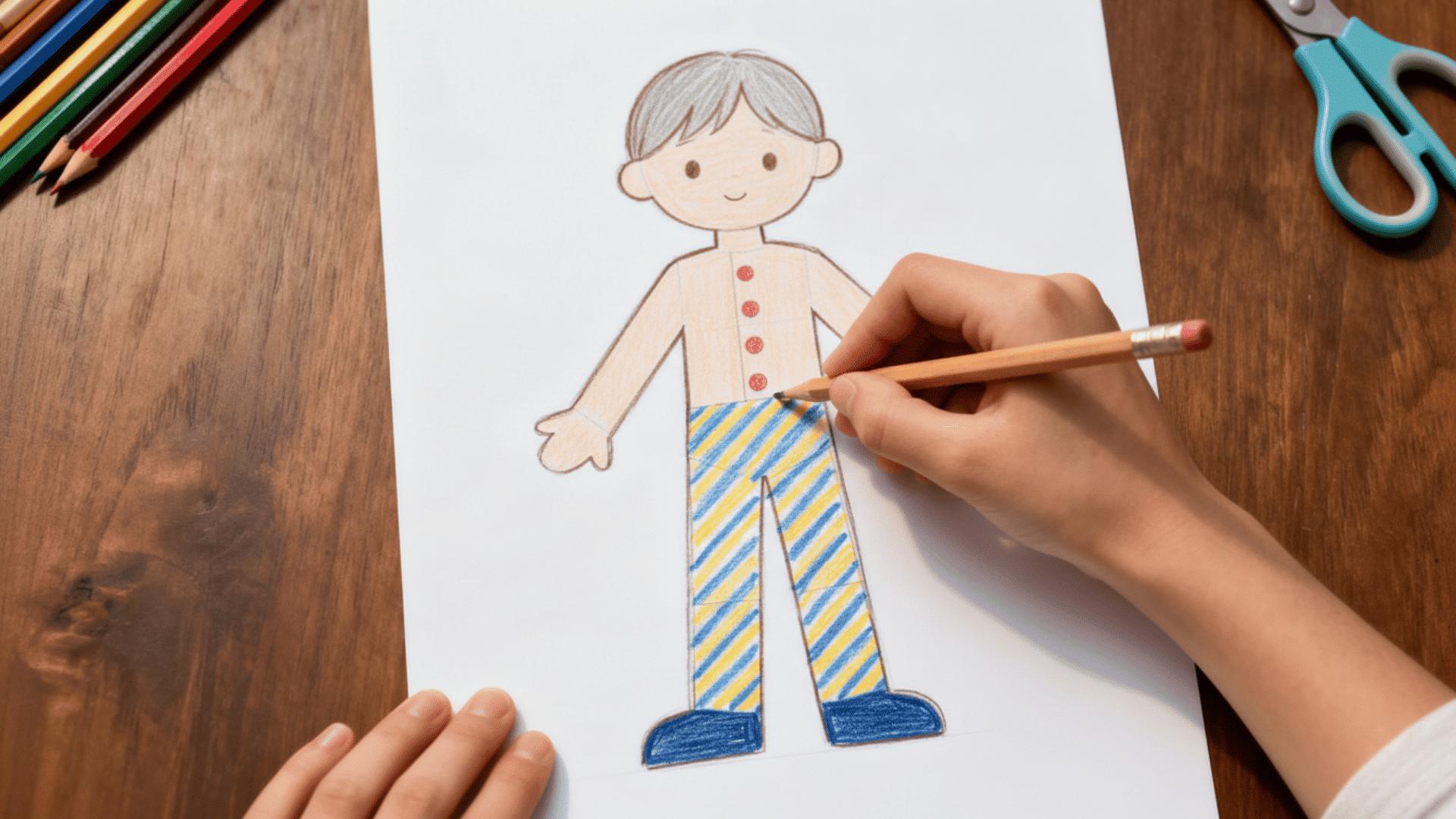 hand coloring a paper doll with colored pencils, adding skin tone, hair color, buttons, and striped pants on white paper craft scene.