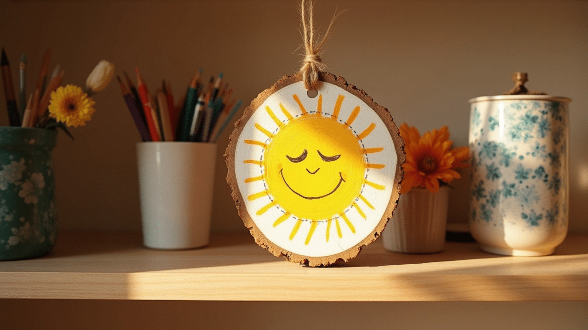 hand painted wood slice ornament with small sun design and ribbon for hanging