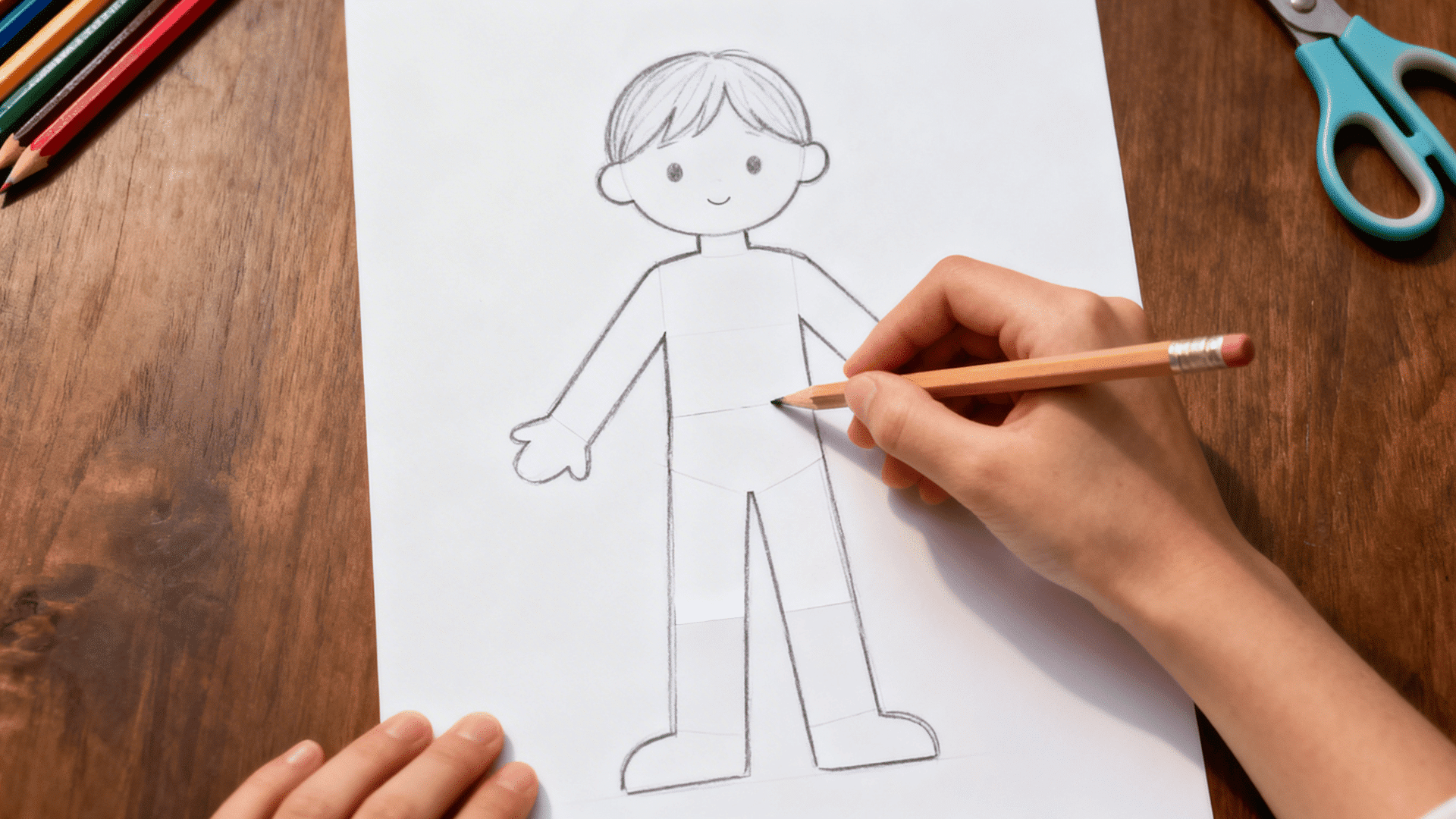 hand sketching a simple paper doll outline on white paper with a pencil, colored pencils and scissors nearby on a wooden table.