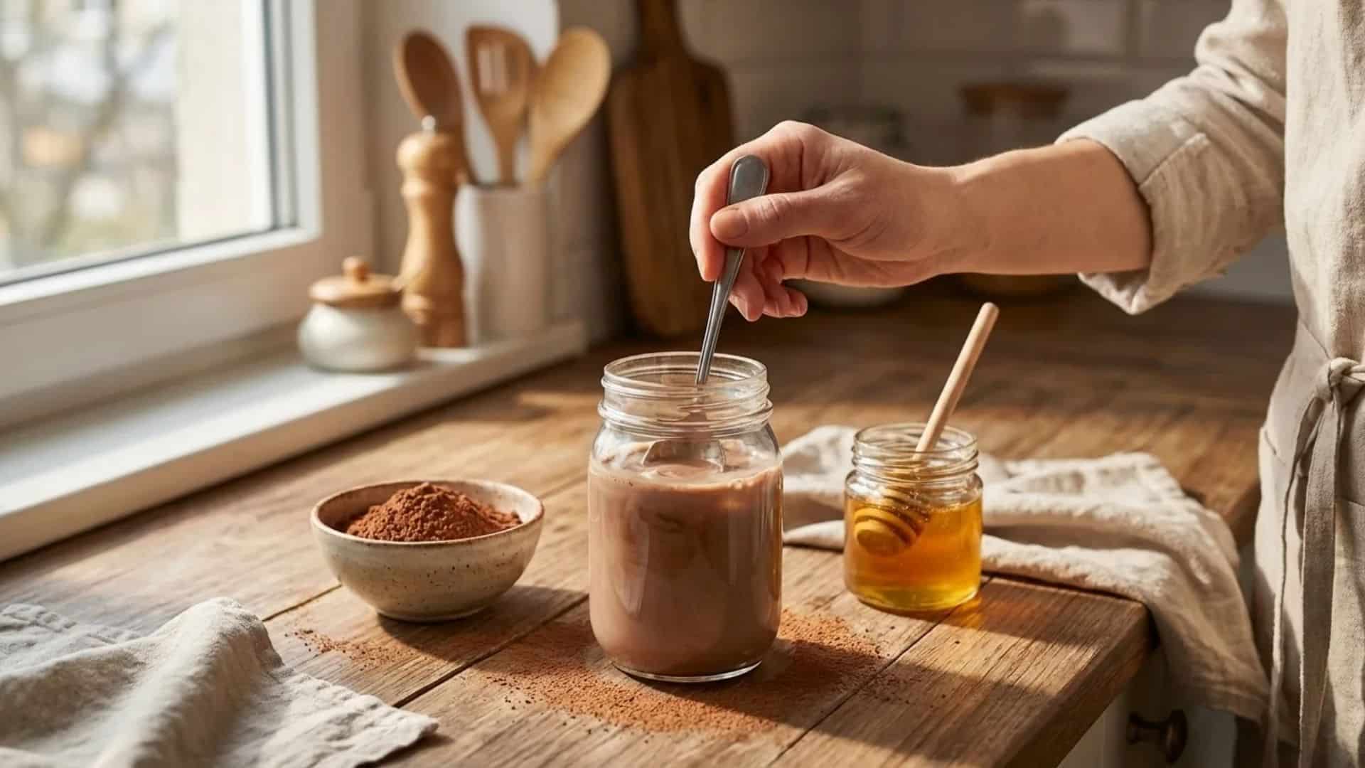 hand stirring homemade chocolate milk in a glass jar with a spoon on a wooden kitchen counter, with cocoa powder and a jar of honey beside it in natural window light