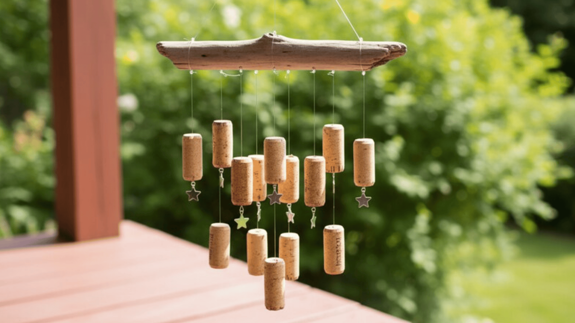 handmade wind chime of wine corks on fishing line hanging from driftwood, small metal star charms between corks, soft outdoor lighting