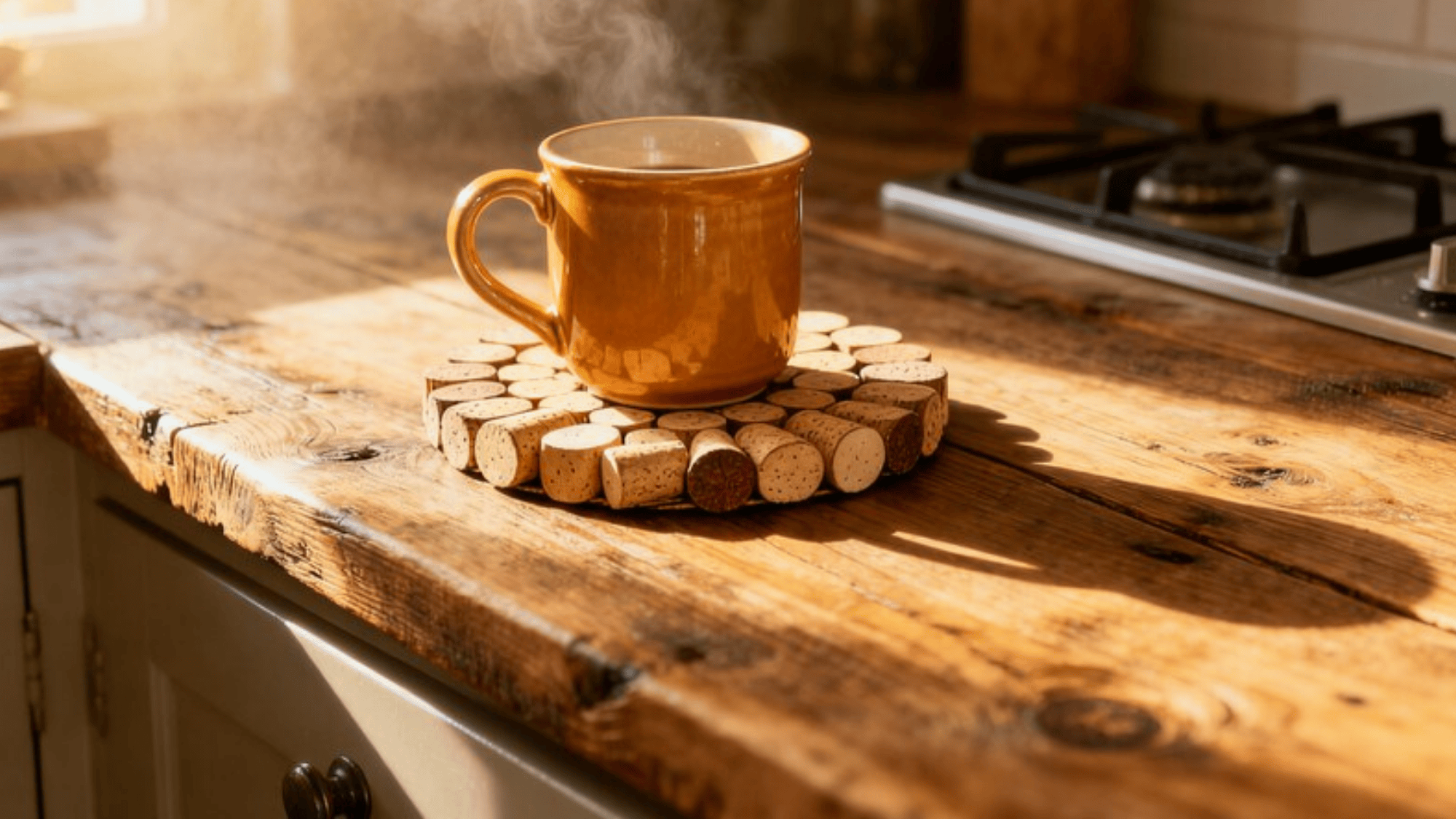 handmade wine cork trivet made of halved corks in a circular pattern on a rustic wooden kitchen counter