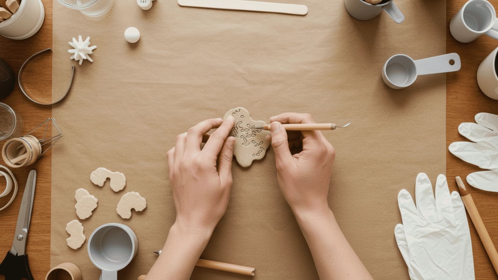 hands carving small textures and details into an air-dry clay piece using a sculpting tool on a parchment-covered craft table with tools nearby.