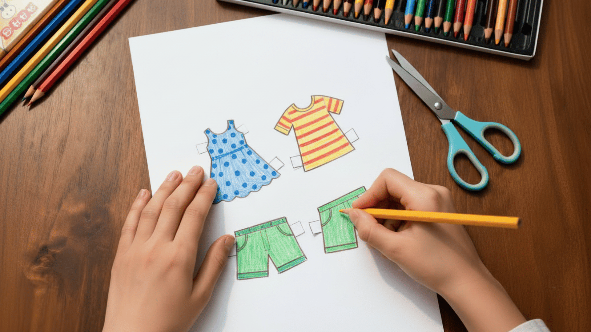 hands coloring paper doll clothes like a dress, shirt, and shorts with foldable tabs on white paper, craft supplies on a wooden table.