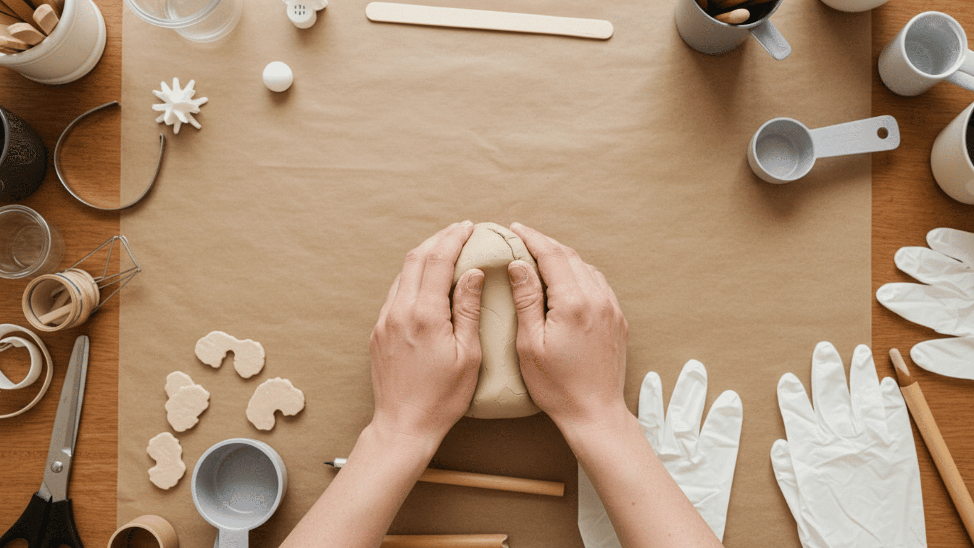 hands kneading soft clay on parchment paper at a craft workspace, surrounded by tools, measuring cups, gloves, and small clay pieces on a wooden table.