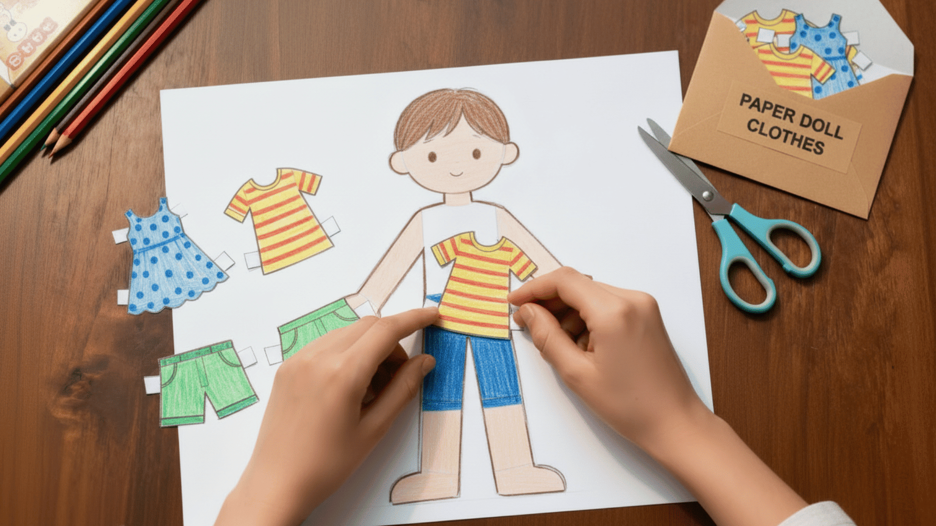 hands placing a striped shirt on a paper doll while other outfits lie nearby and extra clothes are stored in an envelope.