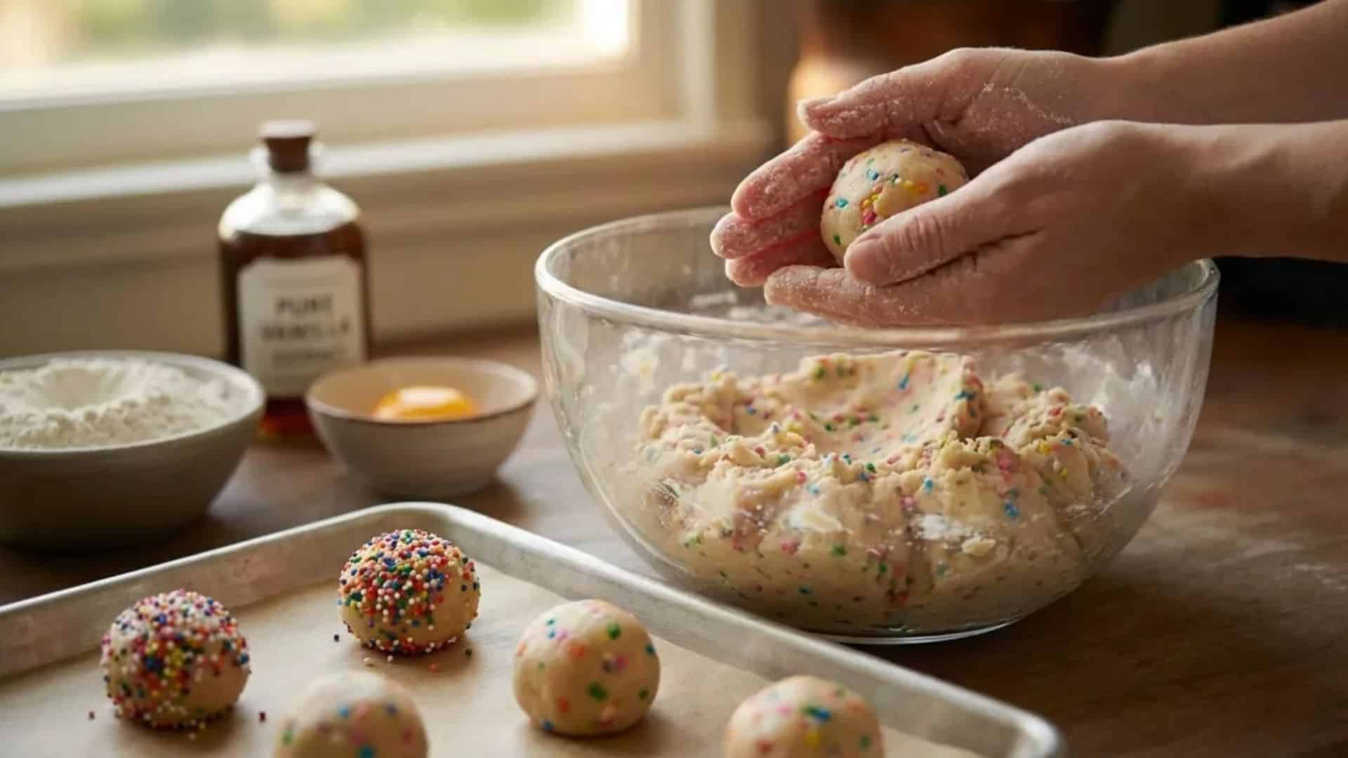hands rolling sprinkle cookie dough into balls and placing them on a parchment-lined baking sheet, with a bowl of dough and baking ingredients on a kitchen counter