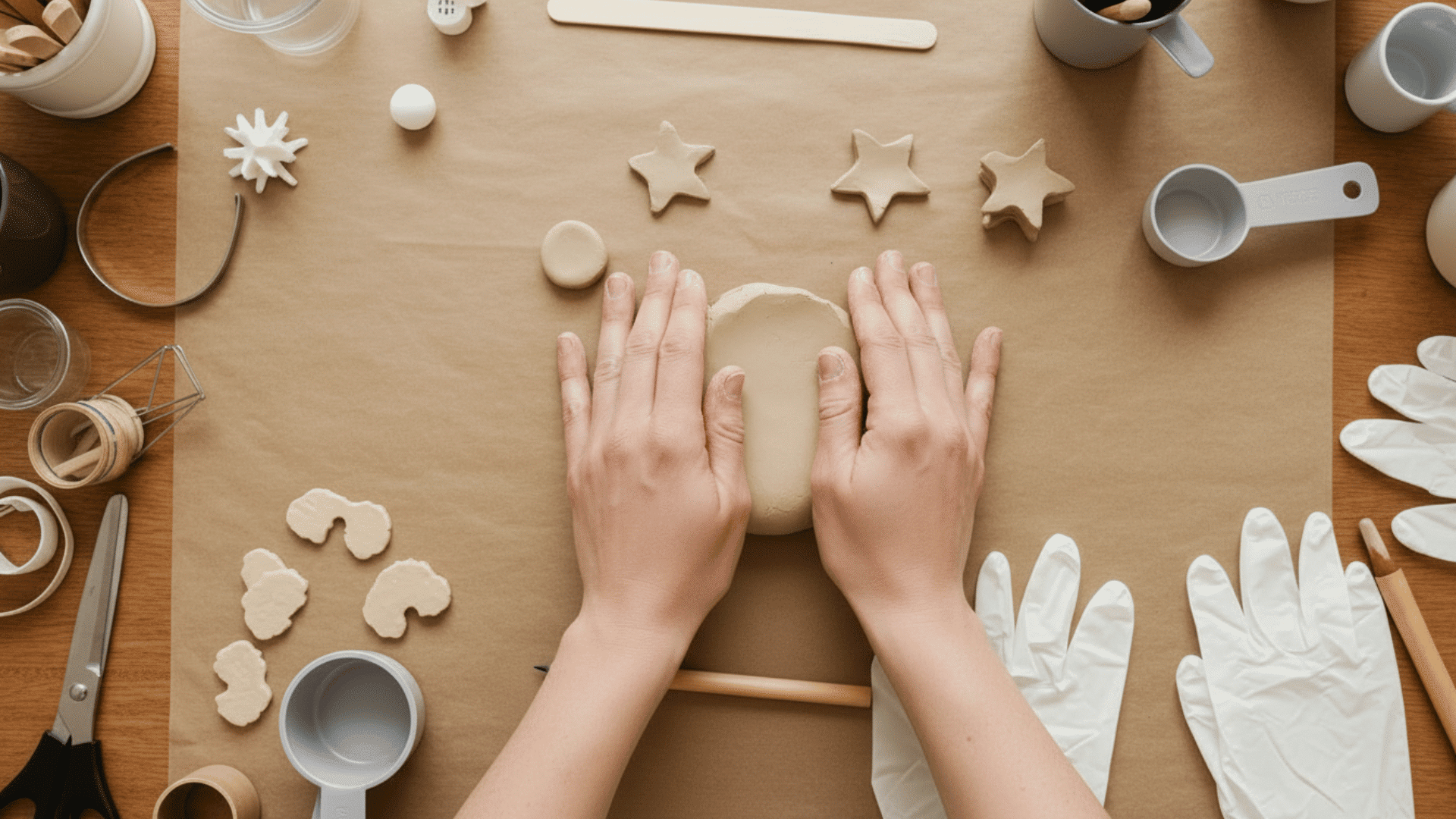 hands shaping air-dry clay into simple forms on parchment paper, with small star shapes, tools, scissors, measuring cups, and gloves arranged around a craft workspace.