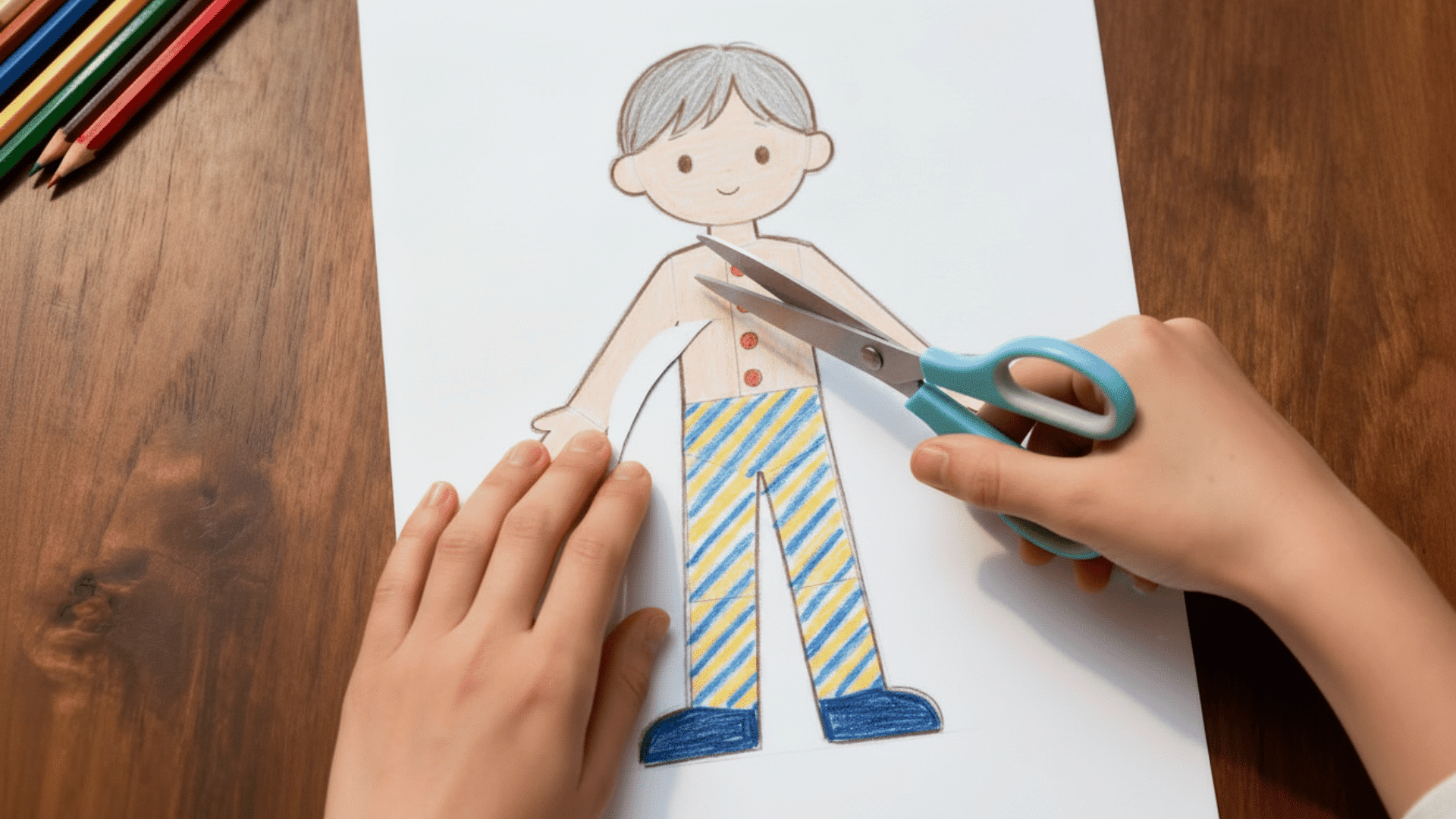 hands using scissors to carefully cut around a colored paper doll outline on white paper, with pencils nearby on a wooden craft table.
