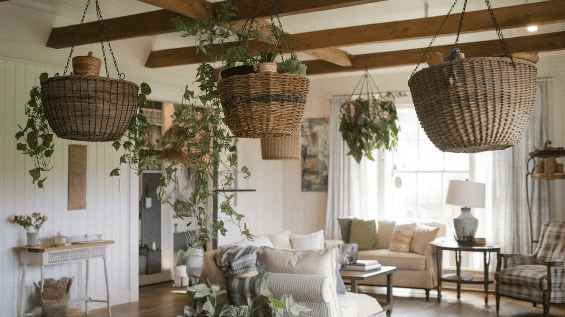 hanging woven baskets with plants, adding greenery and charm to a cozy living room with rustic beams and soft furniture