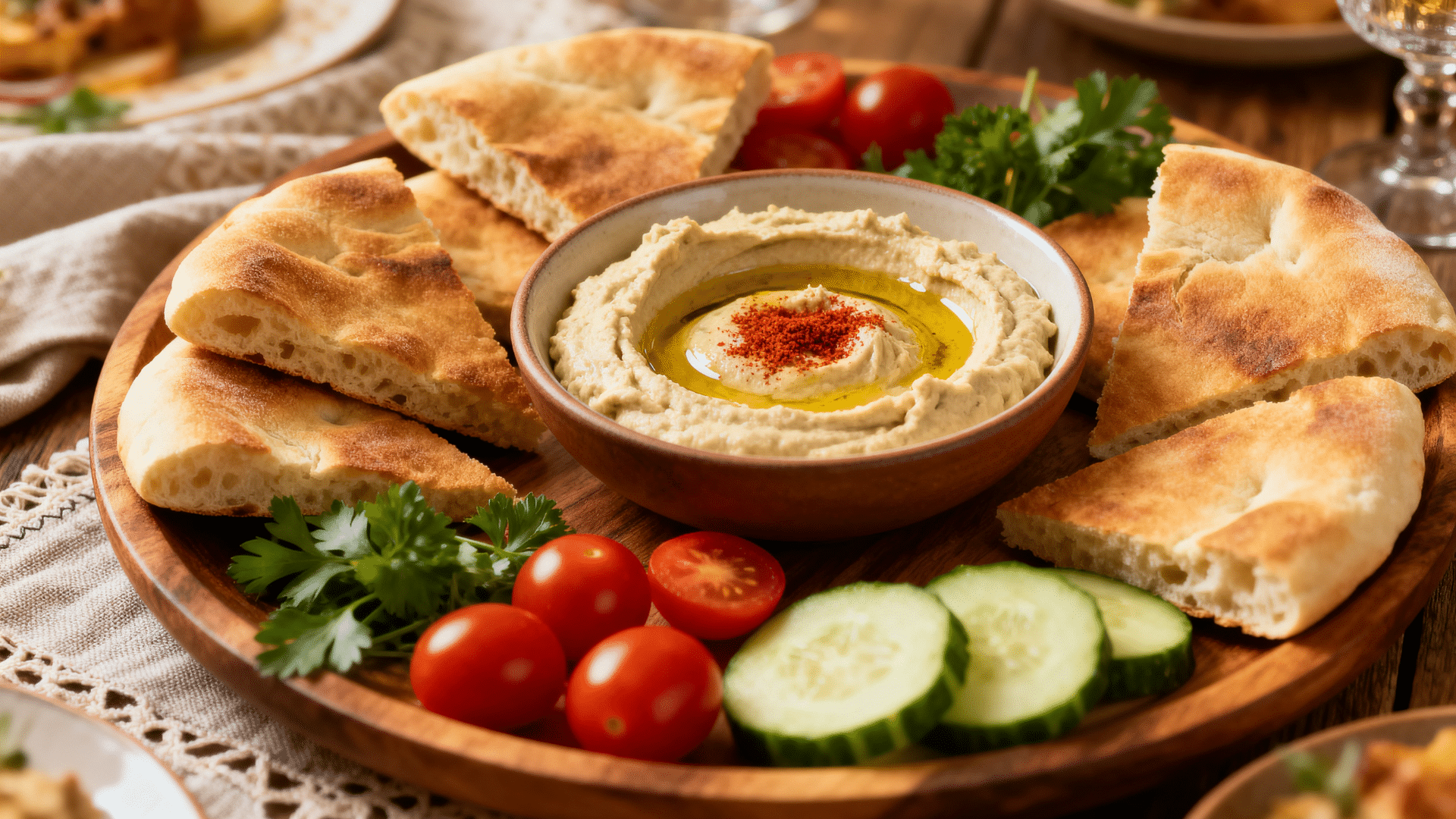hummus and pita triangles served with sliced cucumbers and bell peppers on a bright tray