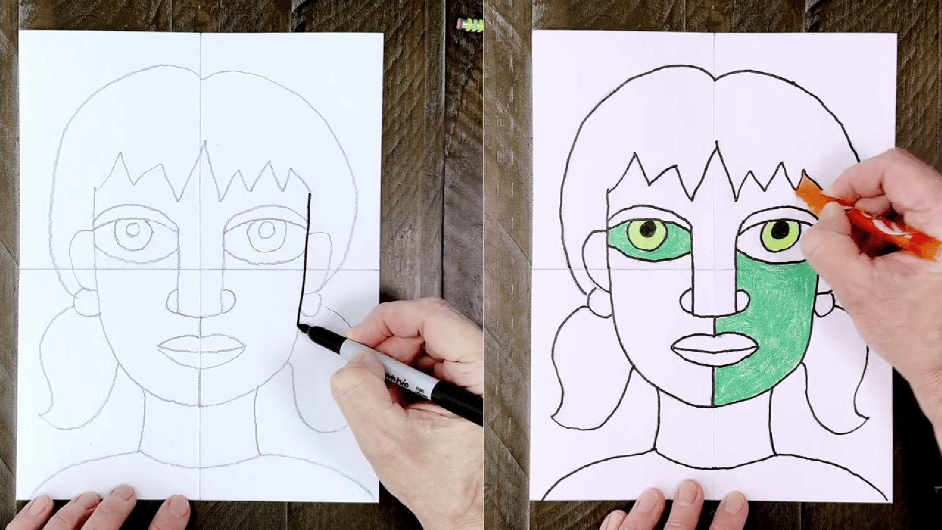 image displays the start of coloring, with sections of the face being filled with green and orange