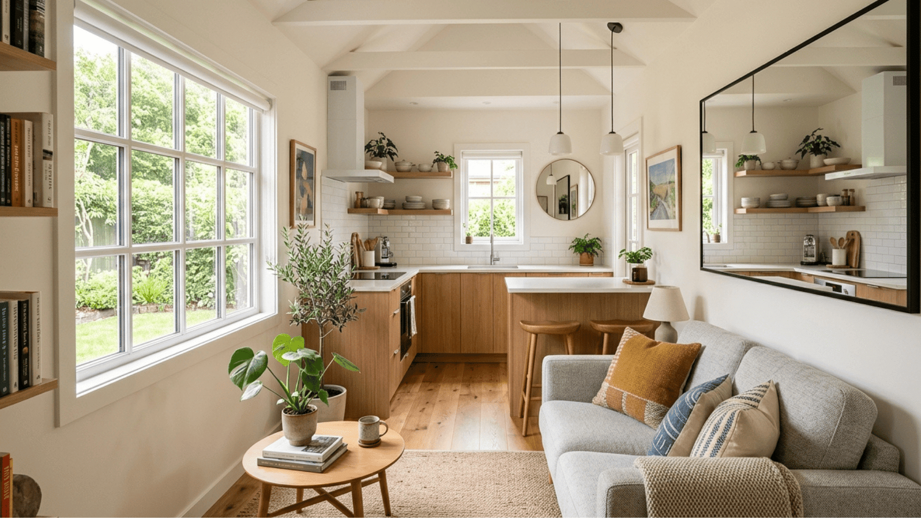 image of mirror installations in connected living room and kitchen