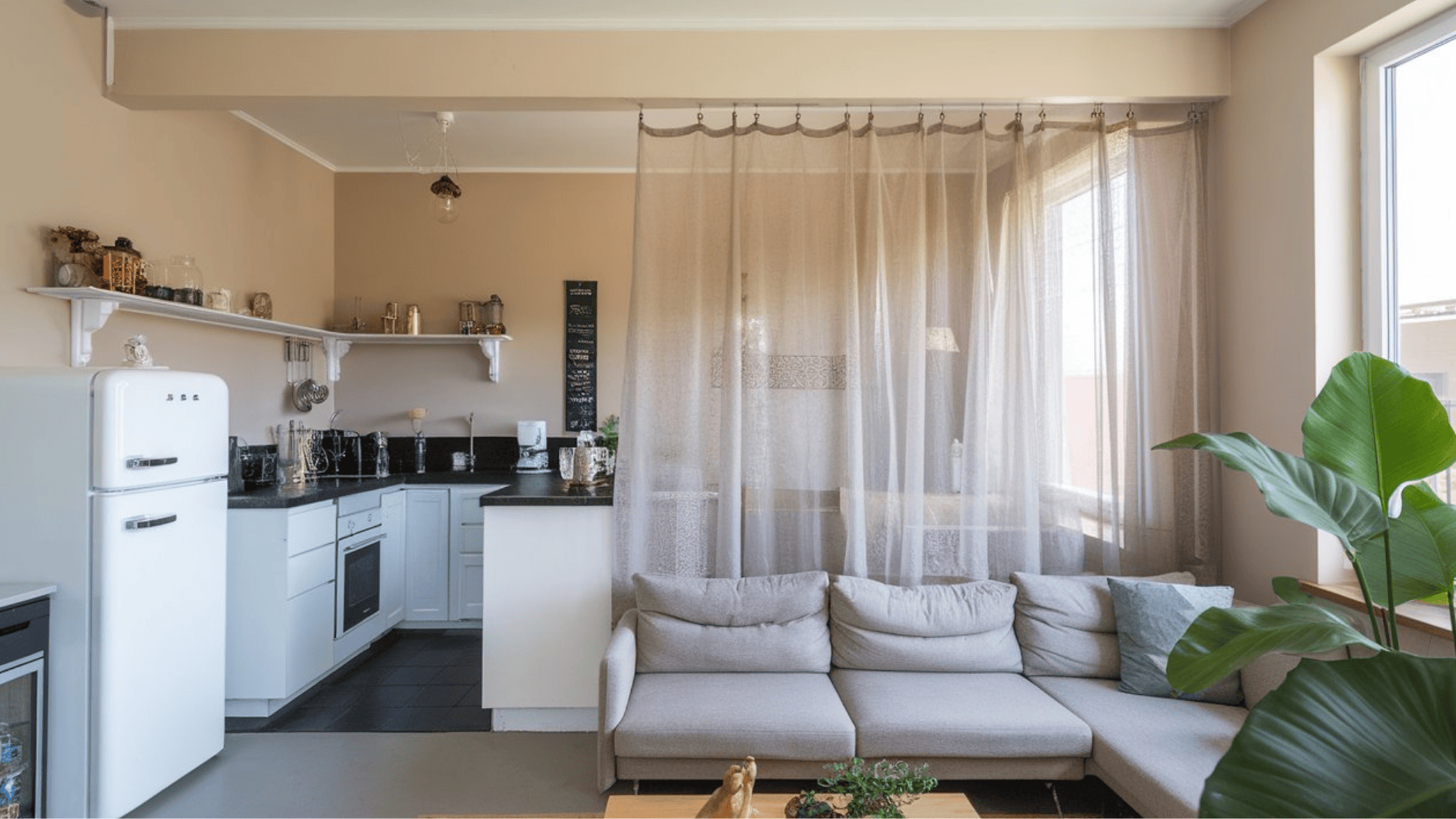 image showing curtain divider for kitchen and living room