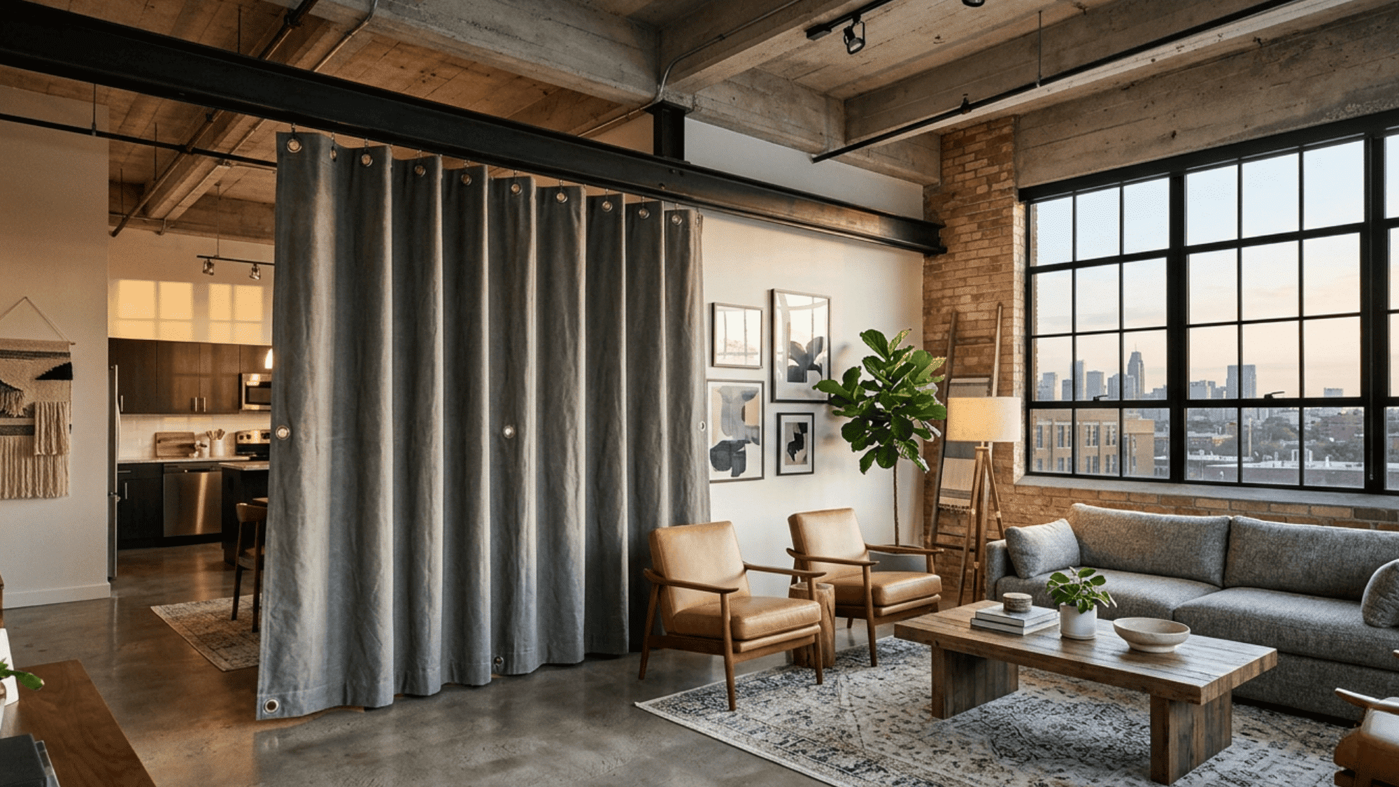 industrial curtain in a modern living room