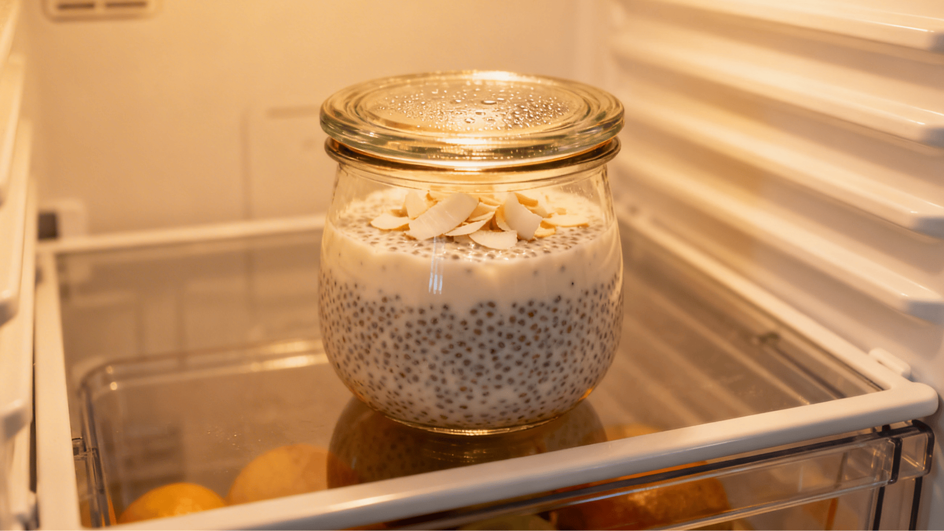 jar of coconut chia pudding topped with coconut flakes placed inside a refrigerator shelf ready to chill and thicken