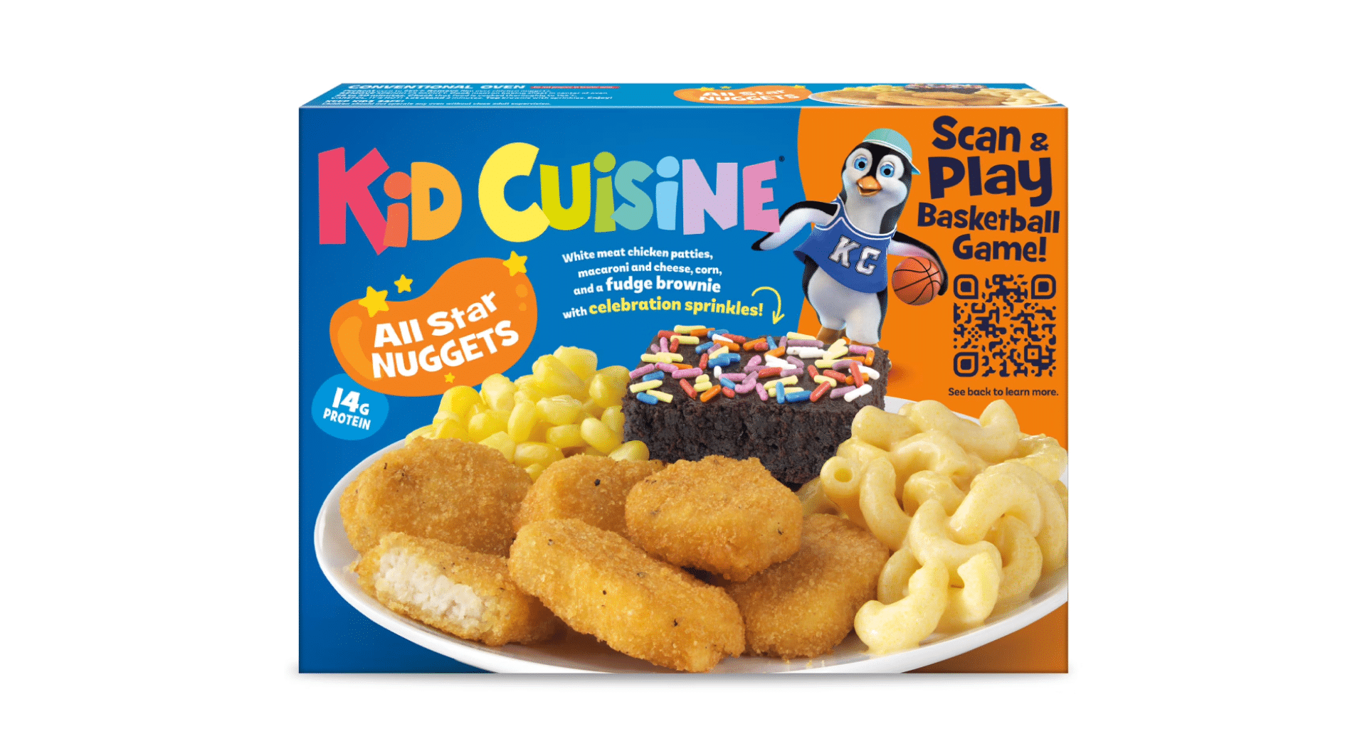 kid cuisine all star nuggets frozen kids meal box with chicken nuggets mac and cheese corn brownie with sprinkles and basketball scan game