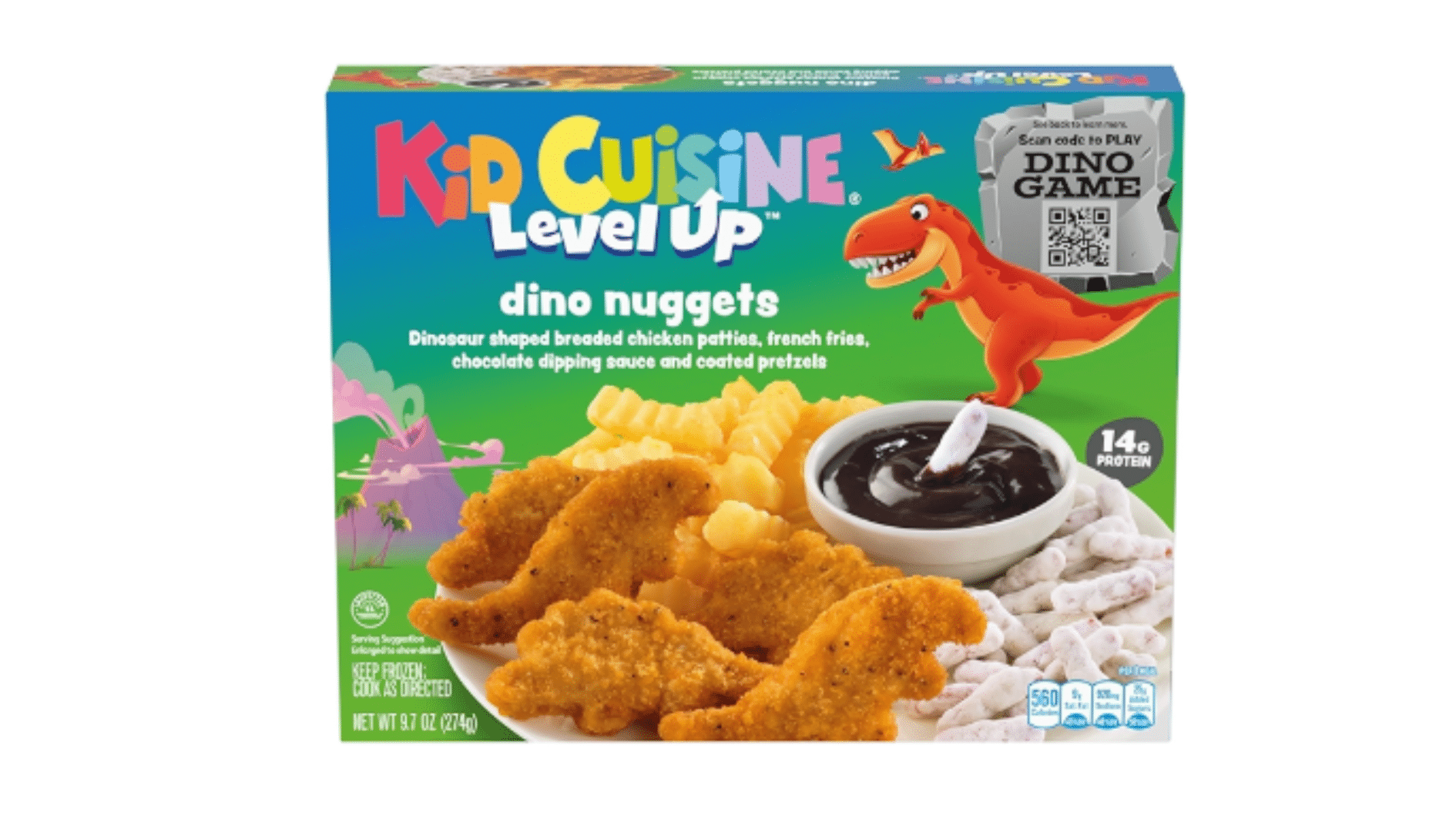 kid cuisine level up dino nuggets frozen meal with dinosaur shaped chicken nuggets fries pretzels chocolate dipping sauce and dino game