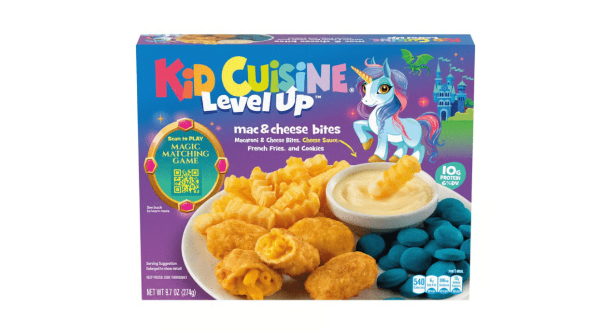 kid cuisine level up mac and cheese bites frozen meal with fries cookies cheese sauce and unicorn theme magic matching game