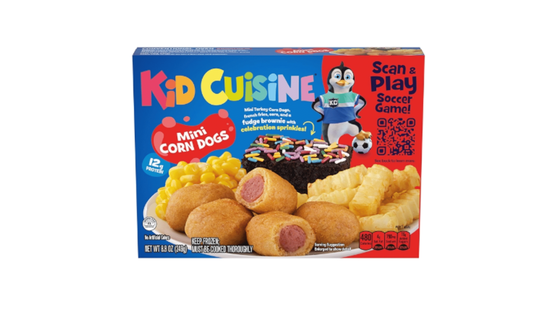 kid cuisine mini corn dogs frozen kids meal box with mini corn dogs fries corn brownie with sprinkles and soccer scan and play game