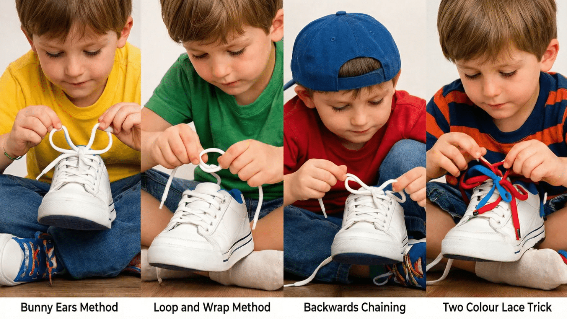 kid practicing bunny ears, loop and wrap, backwards chaining, and two color lace trick while learning to tie shoes