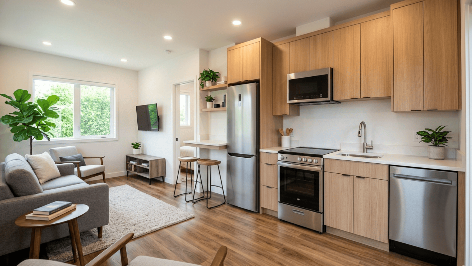 kitchen with required functional appliances in a connected living room