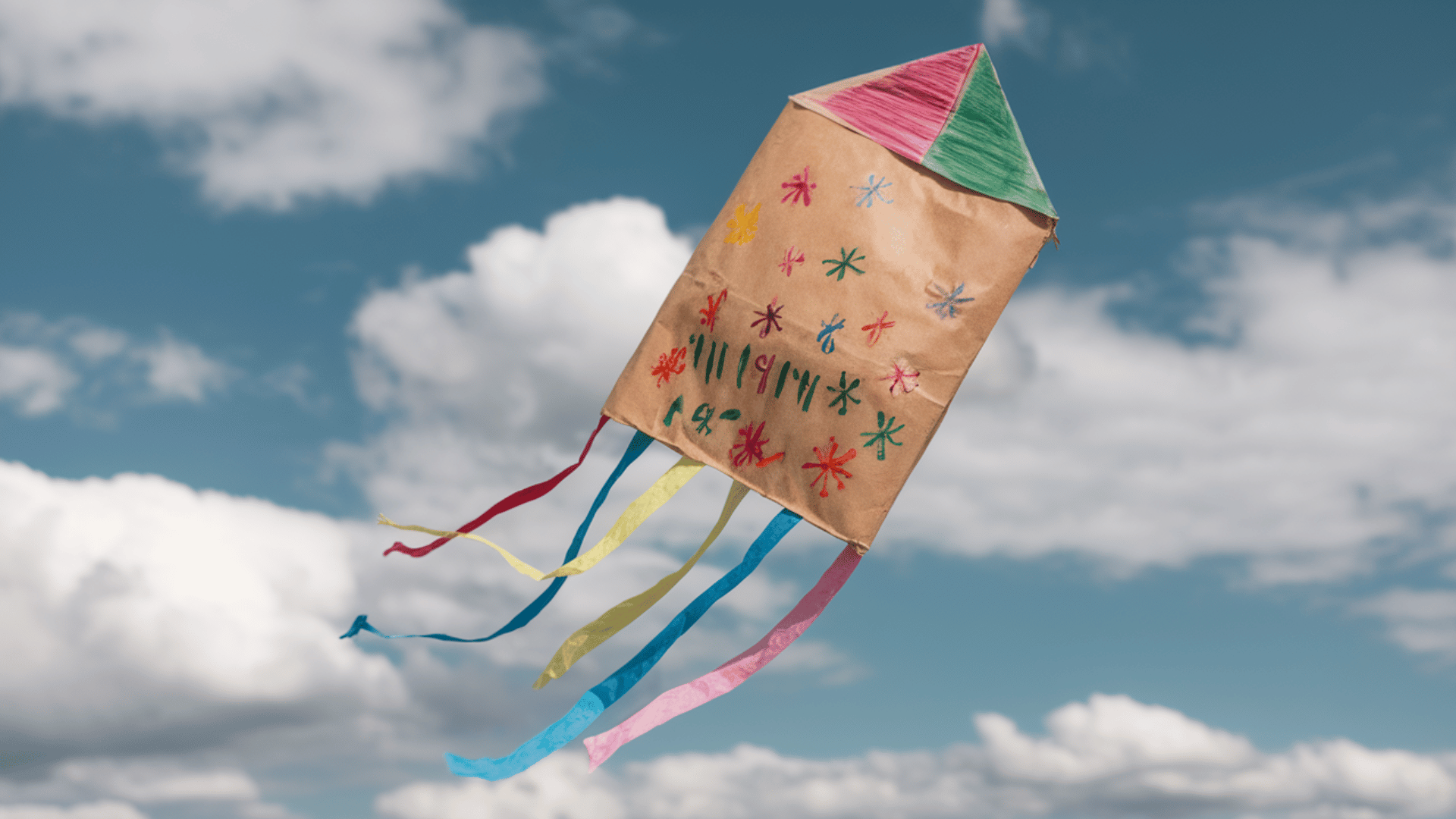 kite made from decorated paper bag with colorful markers, tissue paper tail strips, flying in the wind