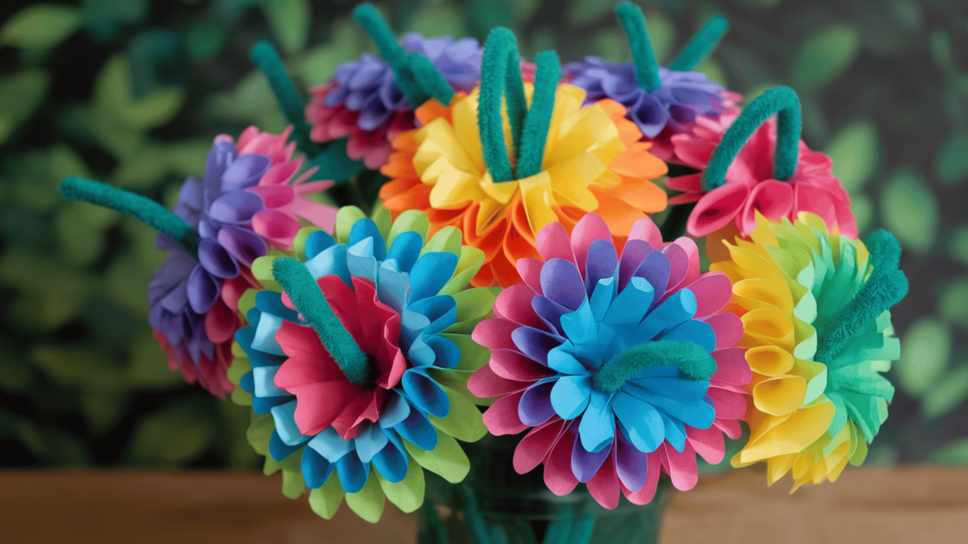 layered tissue paper flowers with colorful petals, green pipe cleaner as stem, vibrant bouquet.