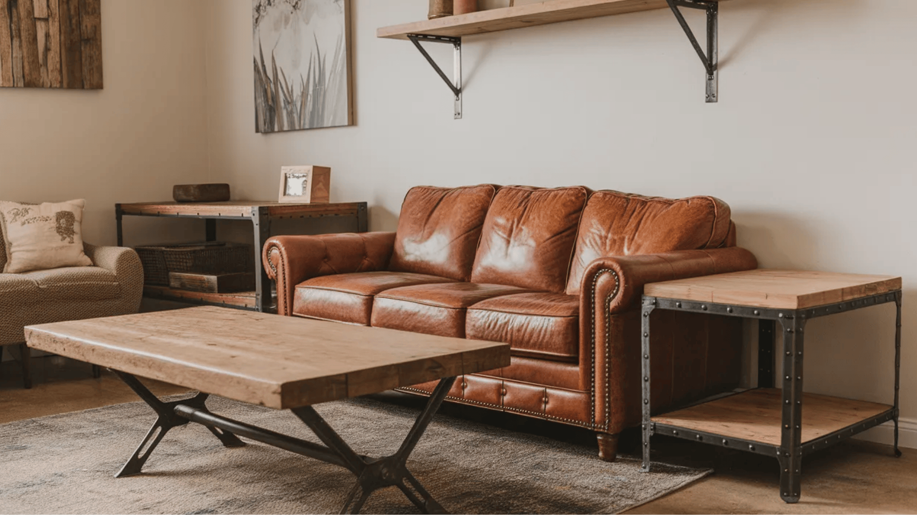 leather sofa with wooden coffee table and industrial-style shelves in a cozy living room with neutral tones