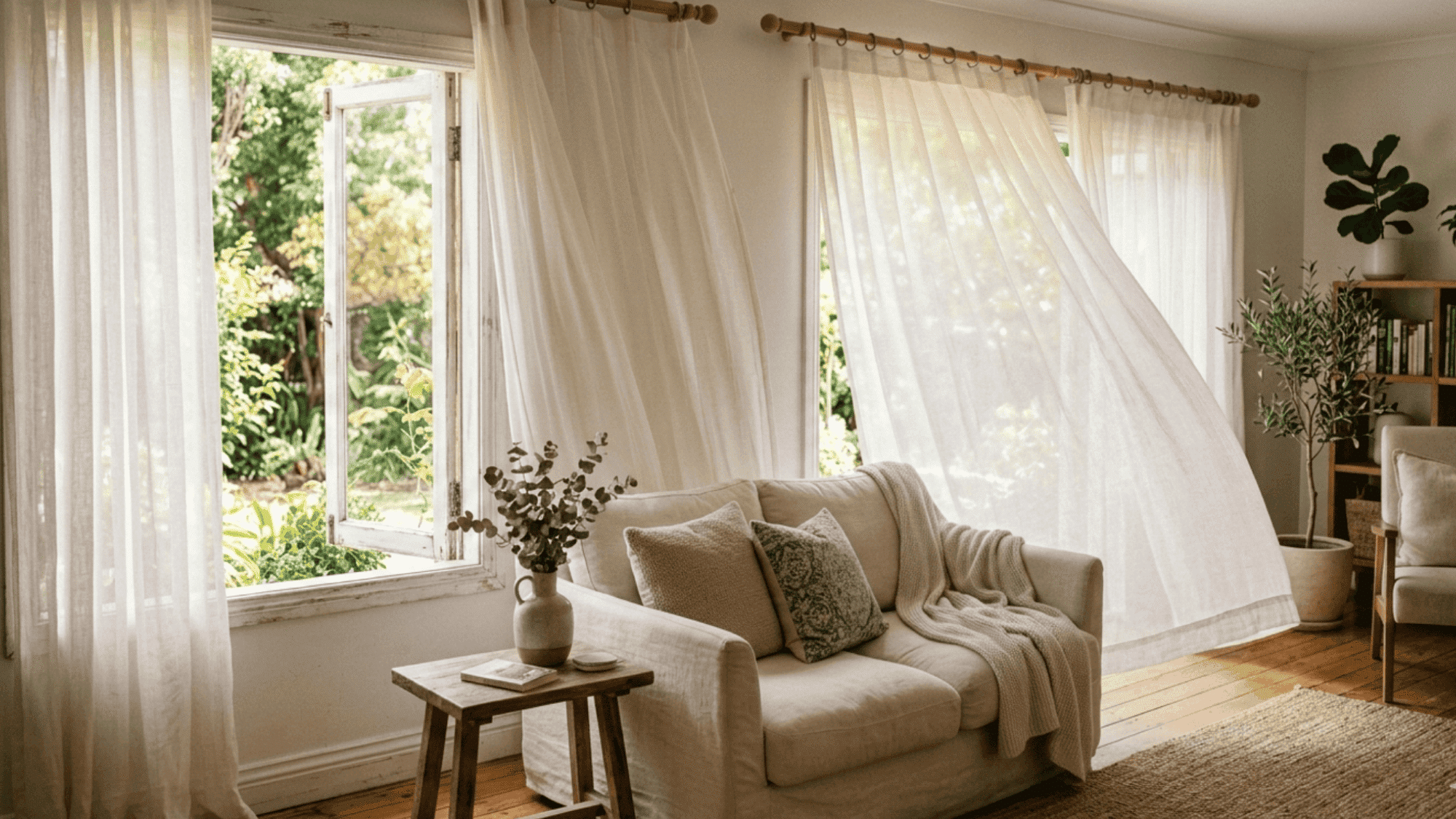 light and airy sheer curtains, providing an open and breezy feel in a living room
