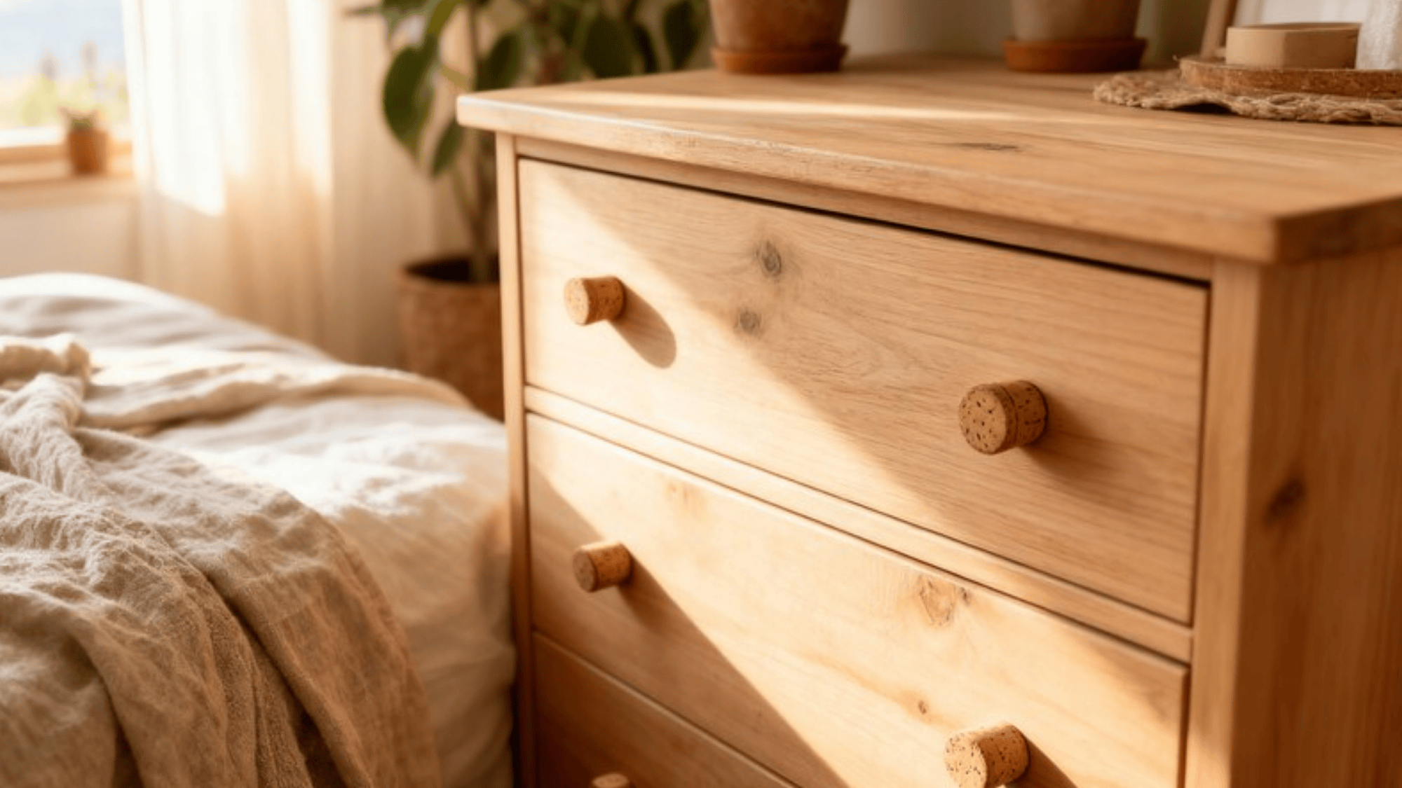 light wood dresser with wine cork drawer knobs, cozy rustic bedroom with linen textures and potted plants in background, warm morning light, minima home décor