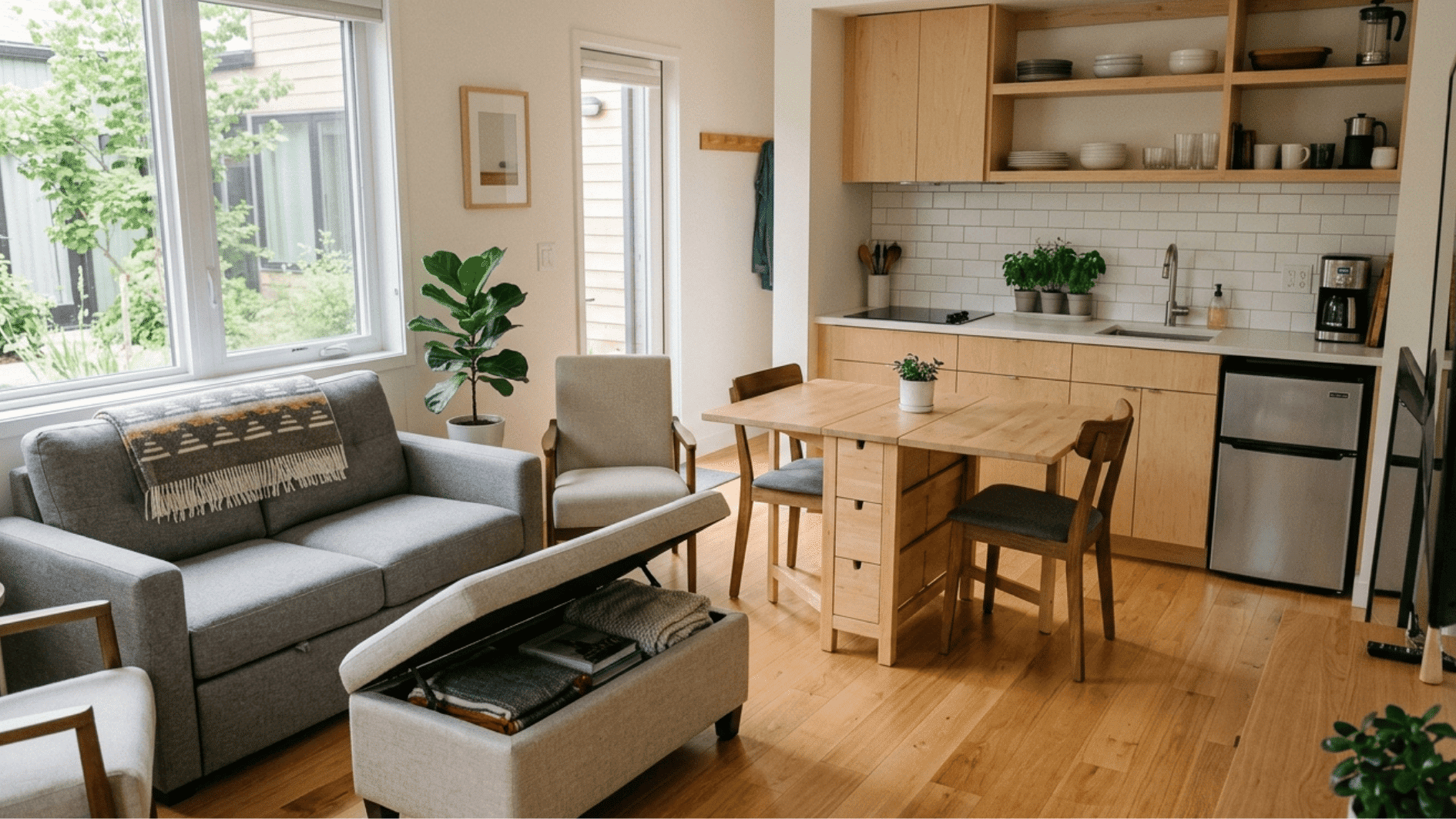 living room and connected with functional furniture in small house