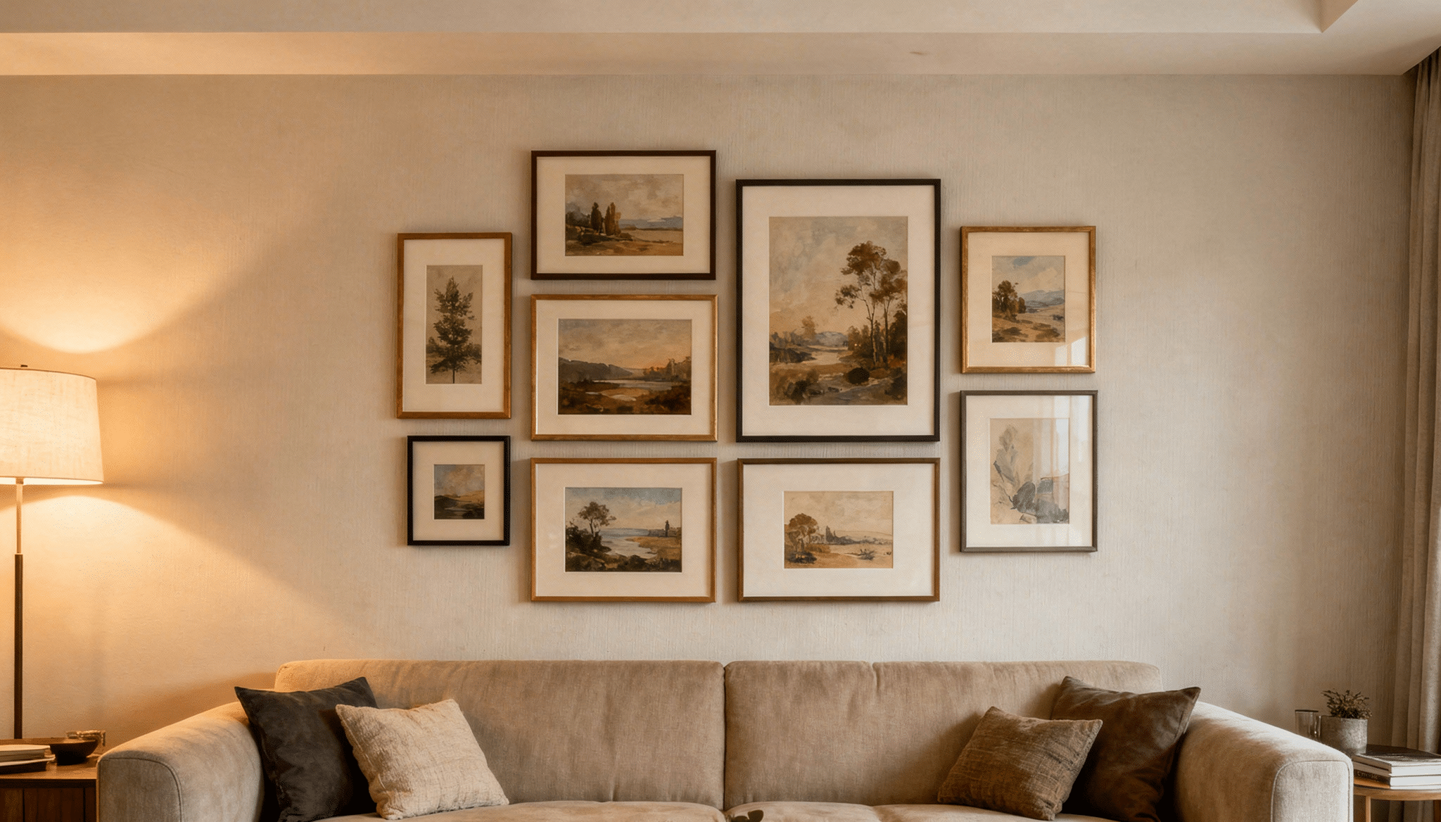 living room wall above sofa with several framed artworks, center of gallery wall above furniture