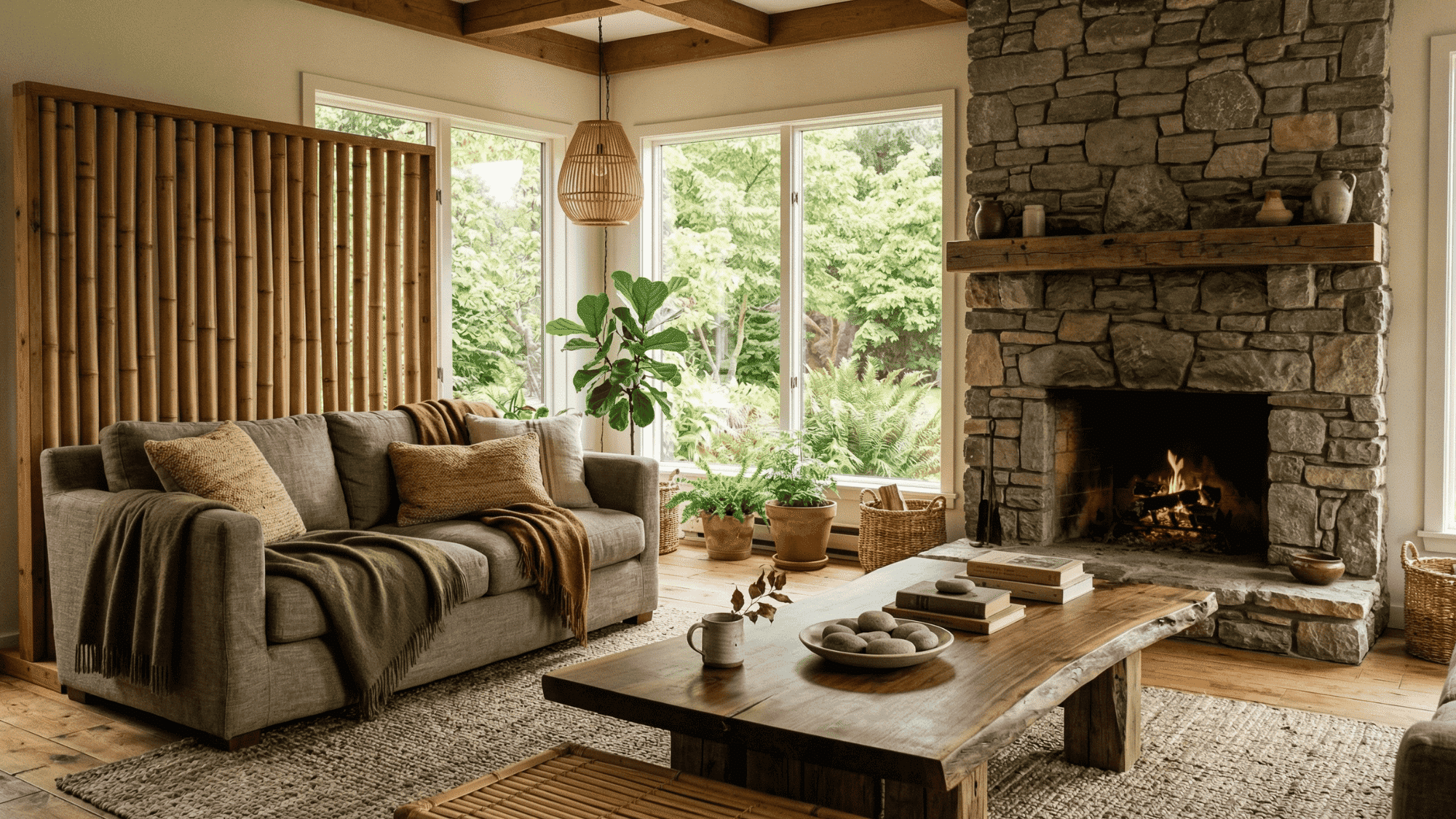 living room with natural materials for grounding Feng Shui energy