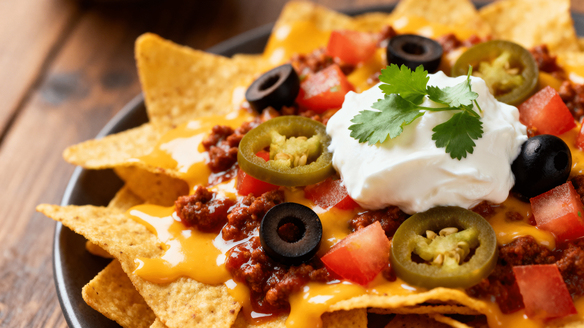 loaded nachos layered with melted cheese, seasoned beef, and tortilla chips on a party platter