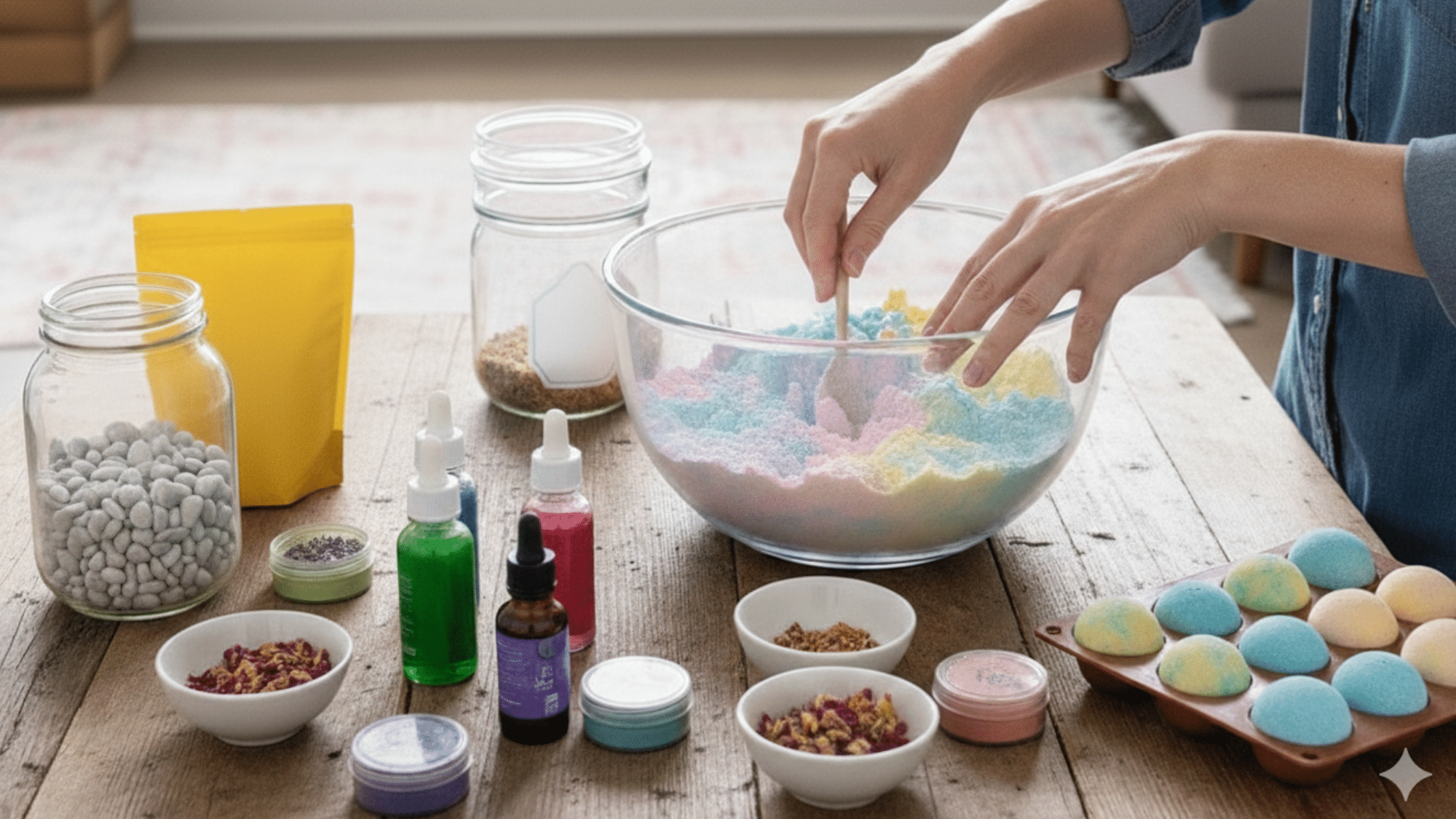 making homemade bath bombs with various ingredients