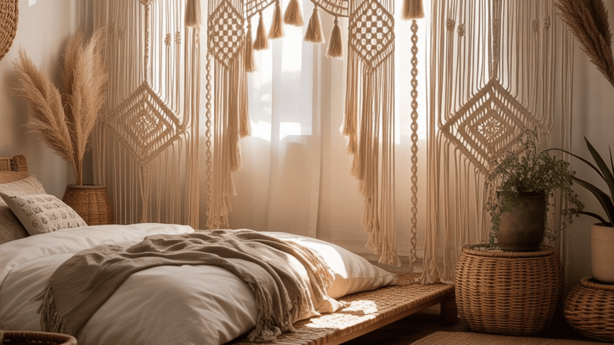 marcame curtains in a boho themed bedroom