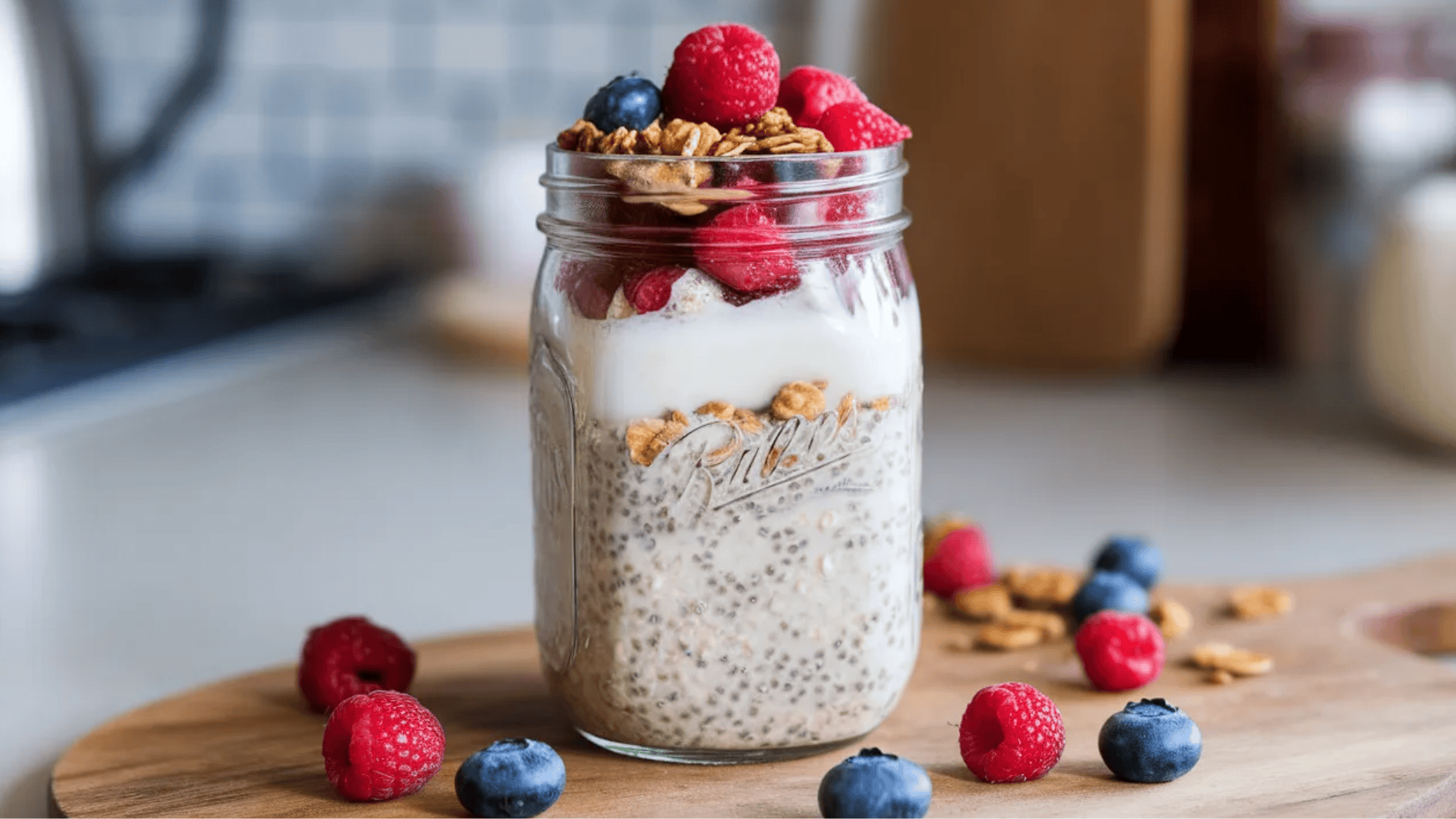 mason jar filled with chia pudding, granola, and fresh raspberries and blueberries, on a wooden surface