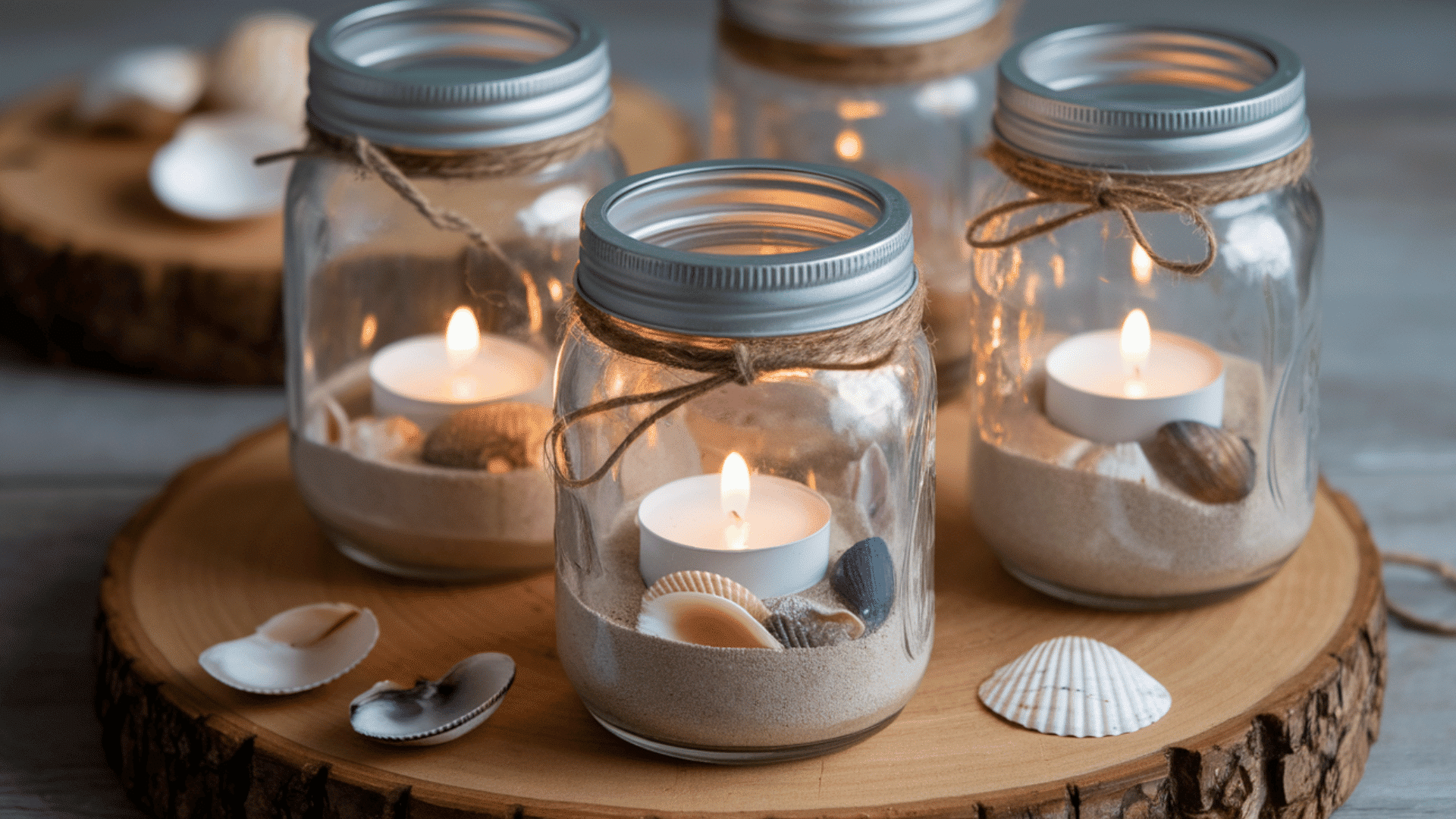 mason jars filled with sand, seashells, battery-operated tea lights, twine wrapped around jar