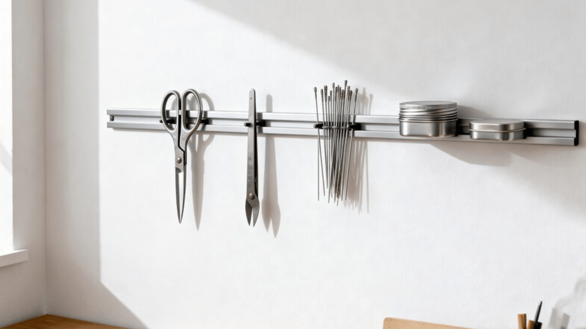 metal tool rack mounted on a wall, holding scissors, tongs, thin metal rods, and storage tins, with soft sunlight streaming through a nearby window