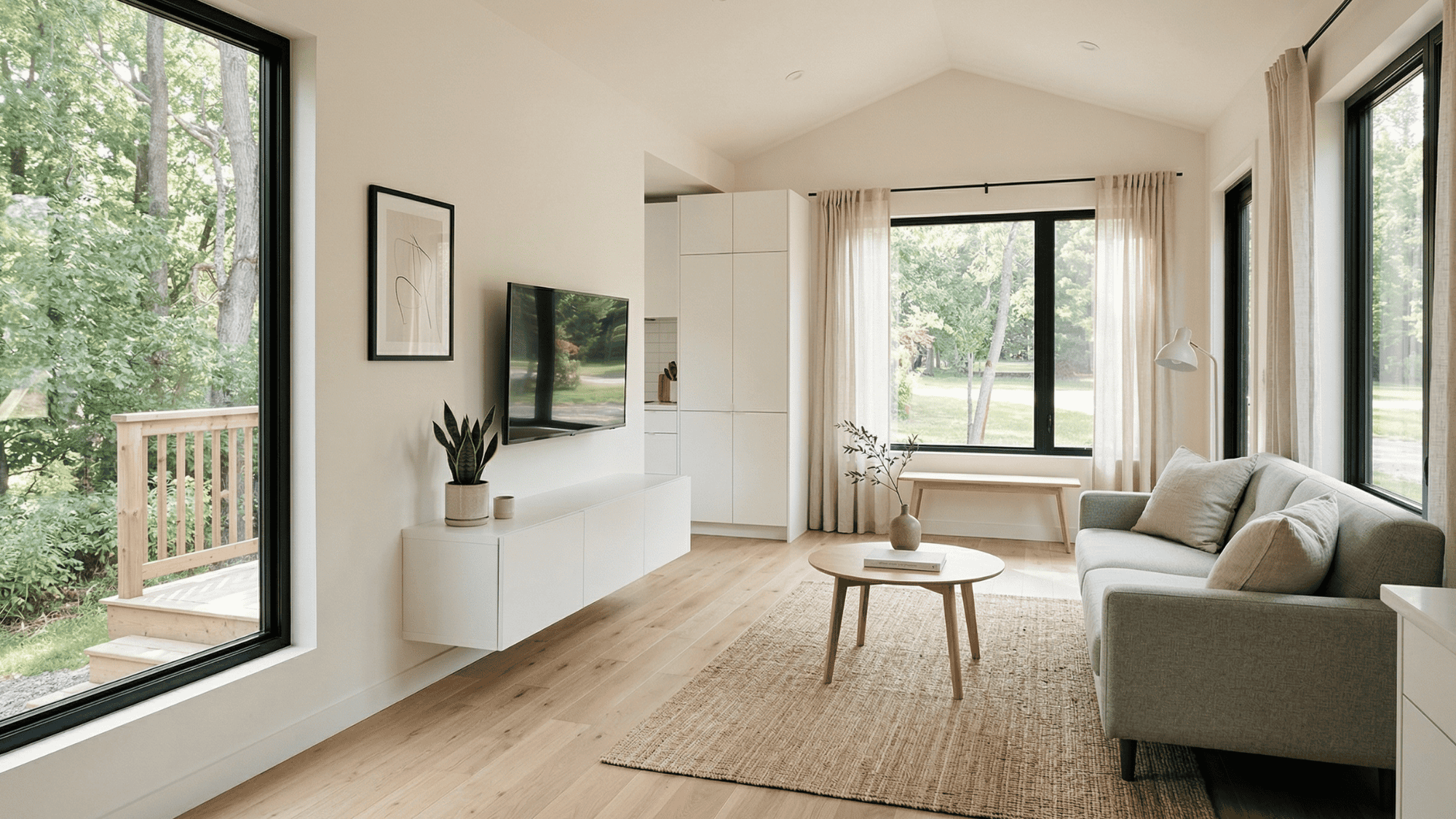 minimalist mobile home living room with neutral tones