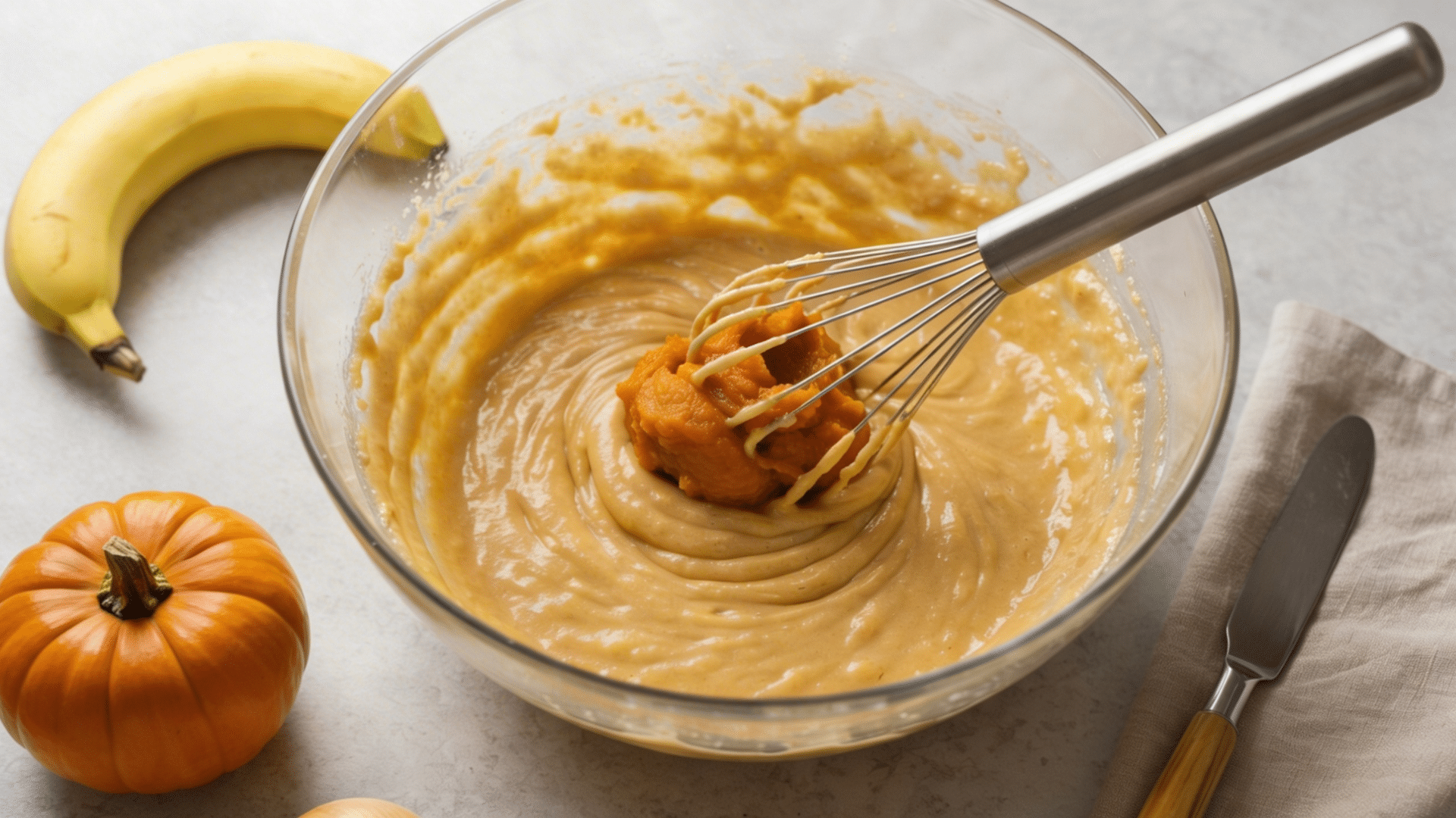 mixing mashed banana, pumpkin puree, and vanilla extract into wet ingredients to create a thick creamy batter.