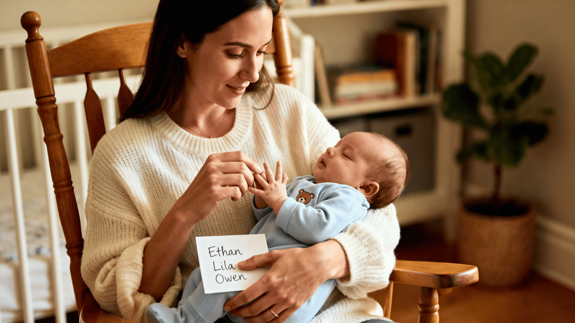 mother sitting in a rocking chair holding a sleeping baby and a handwritten note with baby names. (1)