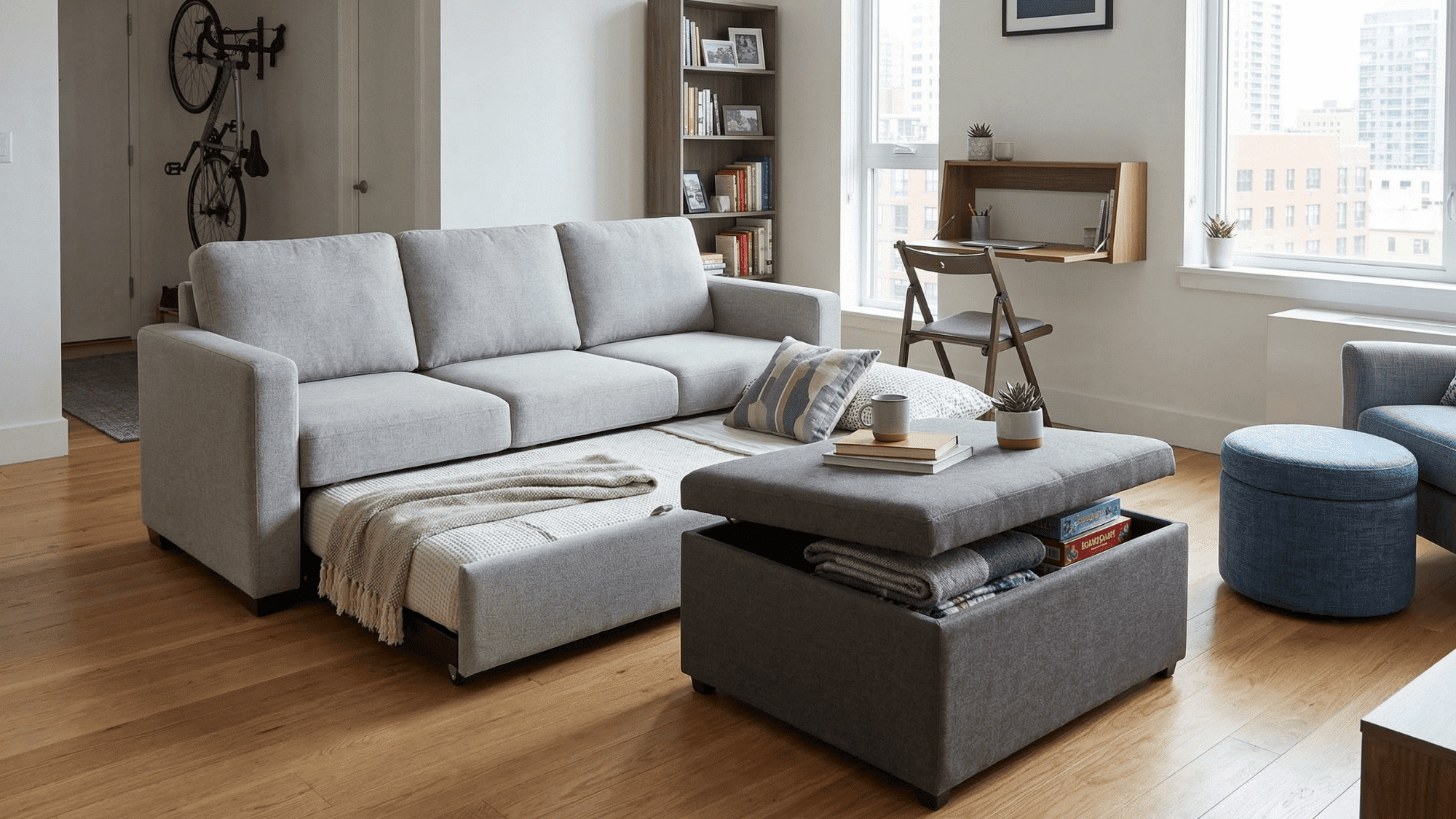 multifunctional sofa and storage ottoman in mobile home living room