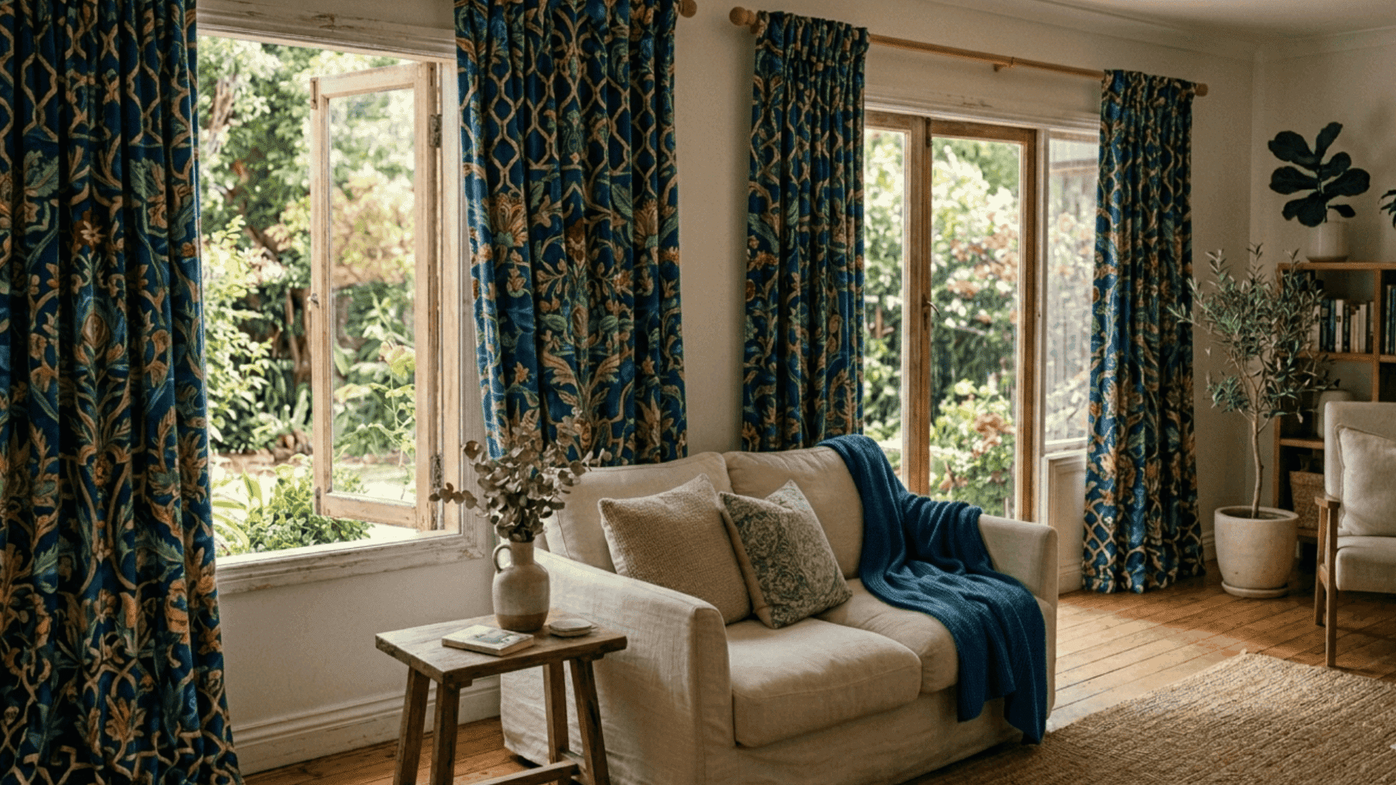 navy blue geometrical pattern curtain in a lighty airy setting living room