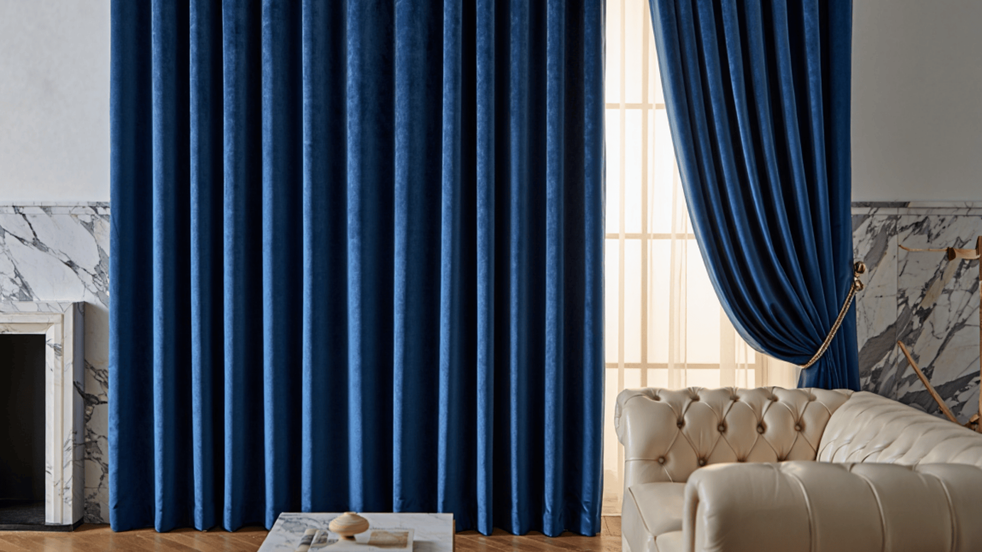 navy blue velvet eyelet curtain in a beautiful living room